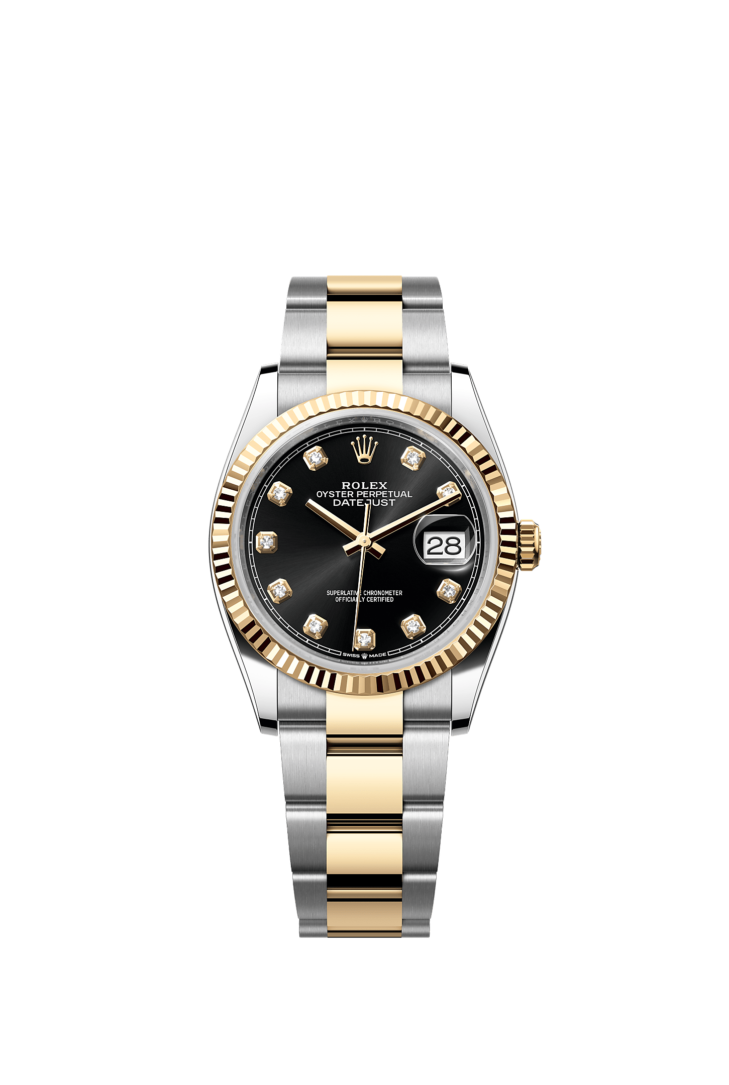 Datejust 36, Oyster, 36 mm, Oystersteel çelik ve sarı altın, Kadran : Pırlantalı parlak siyah, Rolex