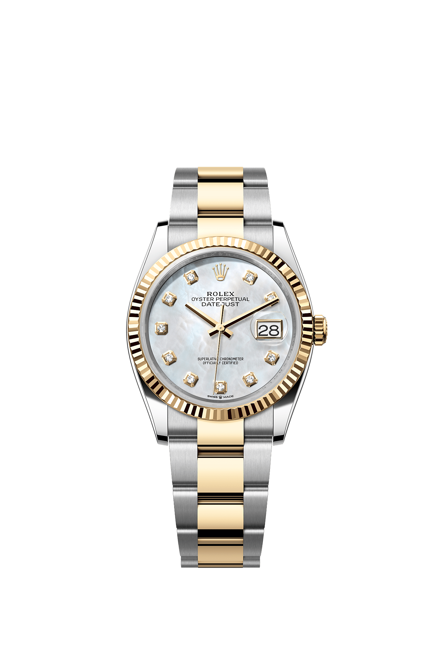 Datejust 36, 蠔式，36毫米，黃金及蠔式鋼, 錶面 : 白色珍珠母，鑲鑽石, Rolex