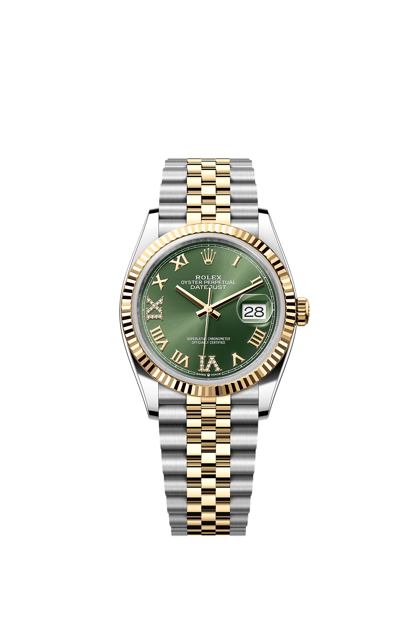 Datejust 36, اویستر، ۳۶ میلیمتری، اویستراستیل و طلای زرد, صفحه‌ : سبز زیتونی الماسنشان, Rolex