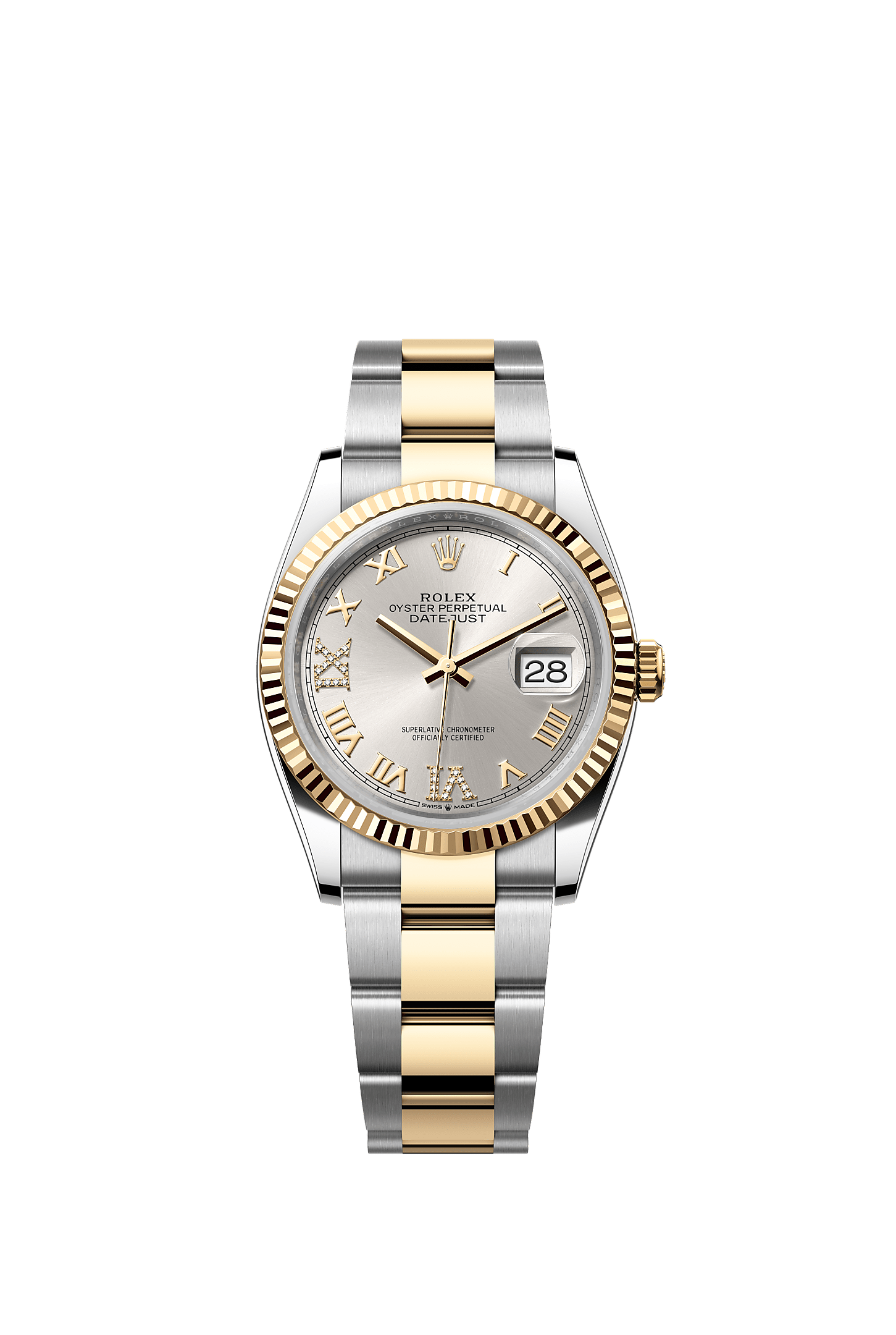 Datejust 36, Oyster, 36 มม., Oystersteel และทองคำ, หน้าปัด : สีเงินประดับเพชร, Rolex