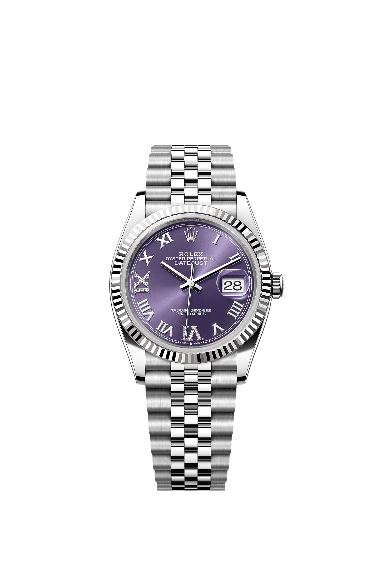 Datejust 36, Oyster, 36 มม., Oystersteel และทองคำขาว, หน้าปัด : สีม่วงเข้มประดับด้วยเพชร, Rolex