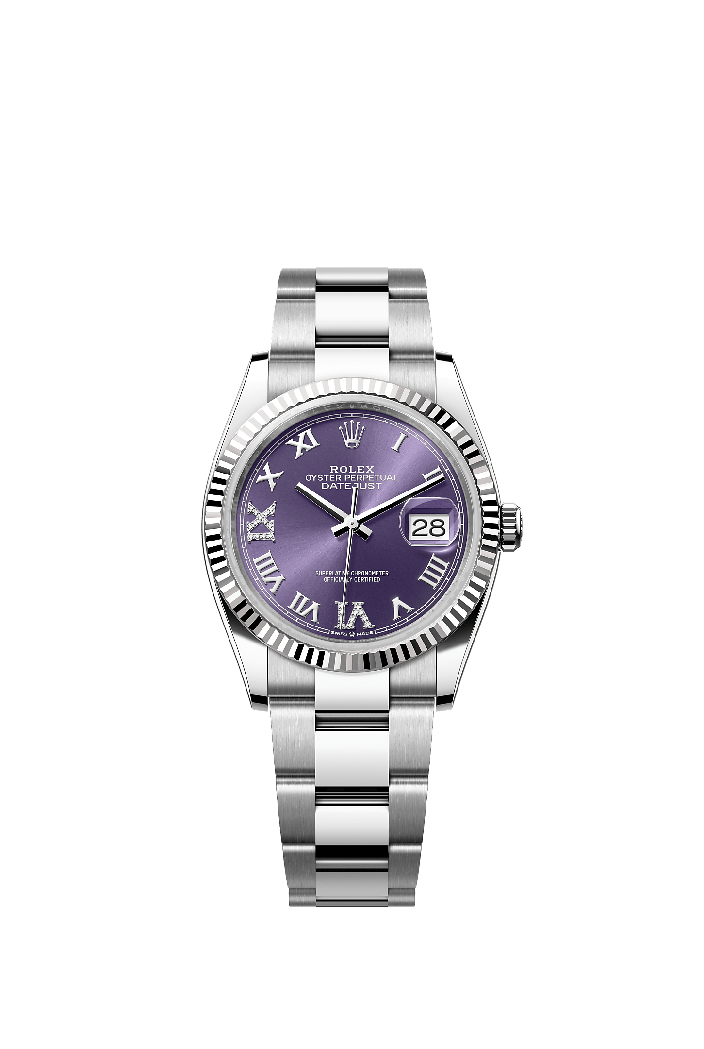 Datejust 36, Oyster, 36 mm, Oystersteel en witgoud, Wijzerplaat : Auberginekleurig bezet met diamanten, Rolex