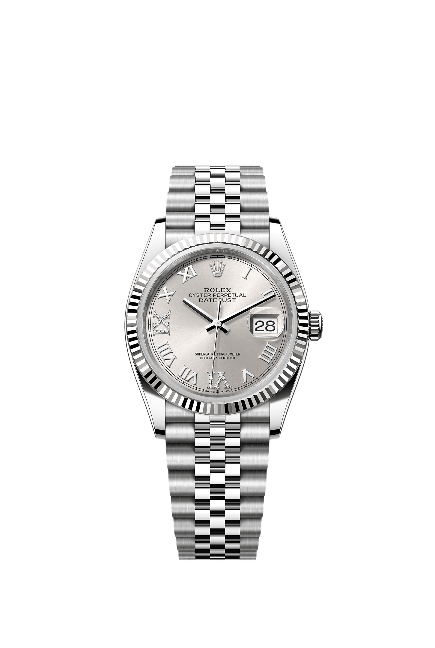 Datejust 36, Oyster, 36 mm, acciaio Oystersteel e oro bianco, Quadrante : Argentato con diamanti, Rolex