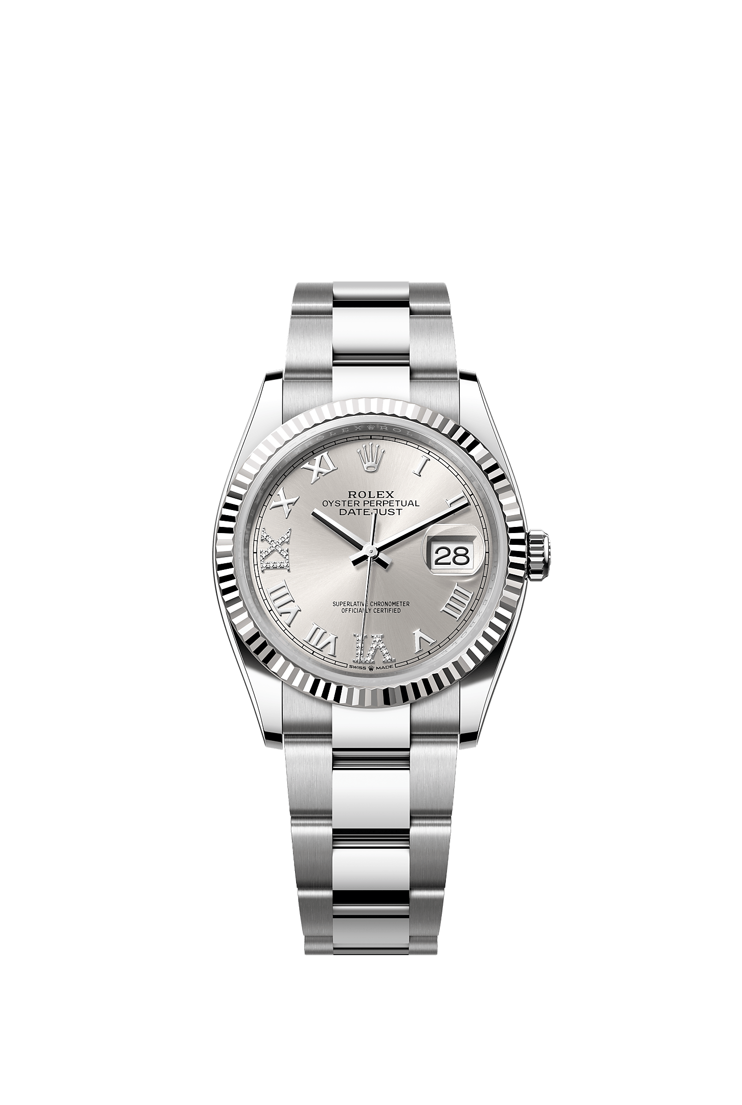 Datejust 36, Oyster, 36 mm, acciaio Oystersteel e oro bianco, Quadrante : Argentato con diamanti, Rolex