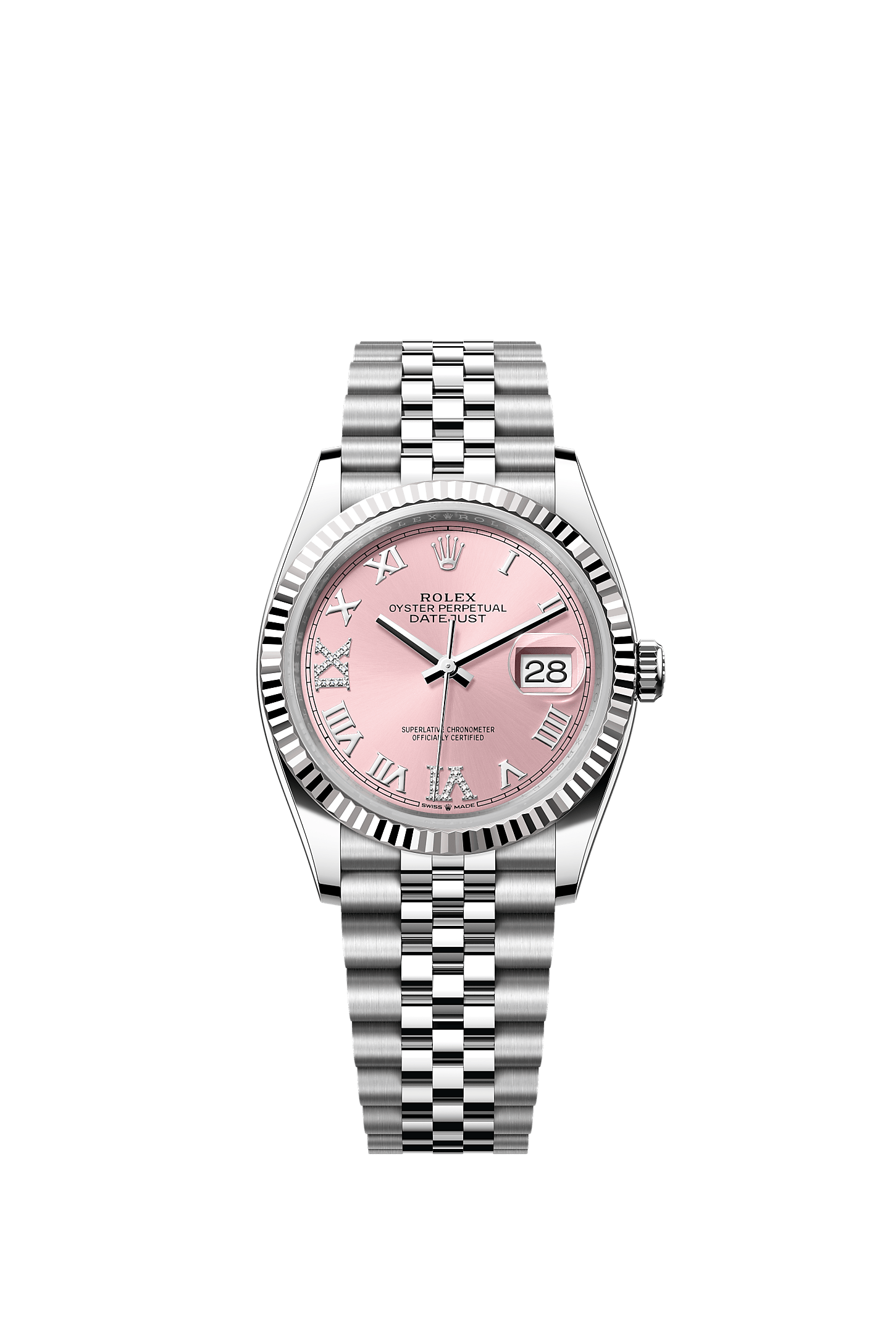 Datejust 36, Oyster, 36 mm, acero Oystersteel y oro blanco, Esfera : Rosa, engastada de diamantes, Rolex