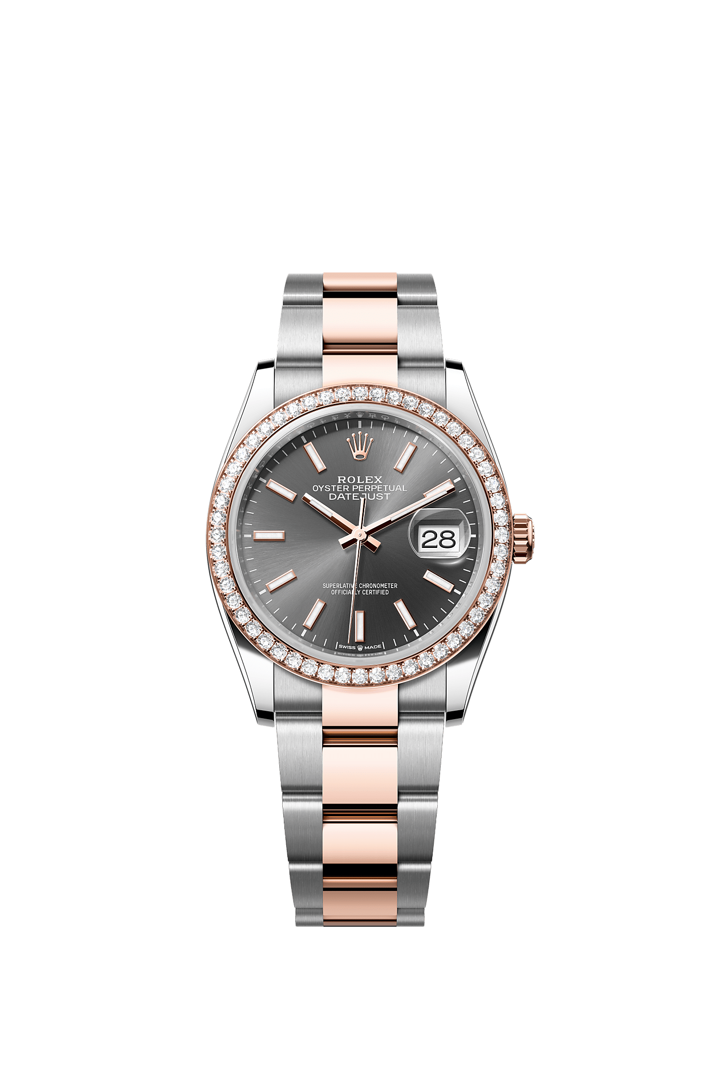 Datejust 36, Oyster, 36 mm, stal Oystersteel, różowe złoto Everose i brylanty, Tarcza : Ciemnoszara, Rolex