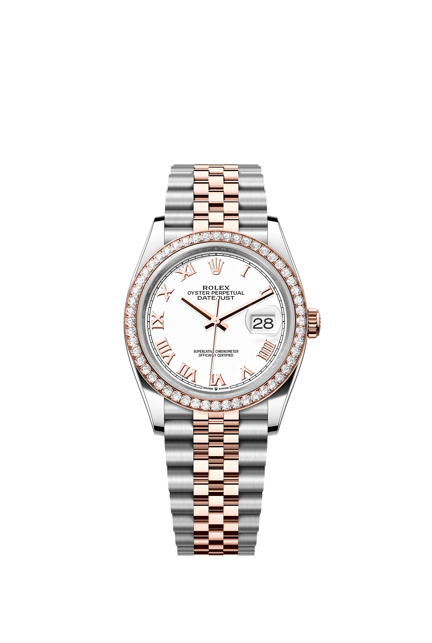 Datejust 36, Oyster, 36 mm, Oystersteel, Everose-goud en diamanten, Wijzerplaat : Wit, Rolex