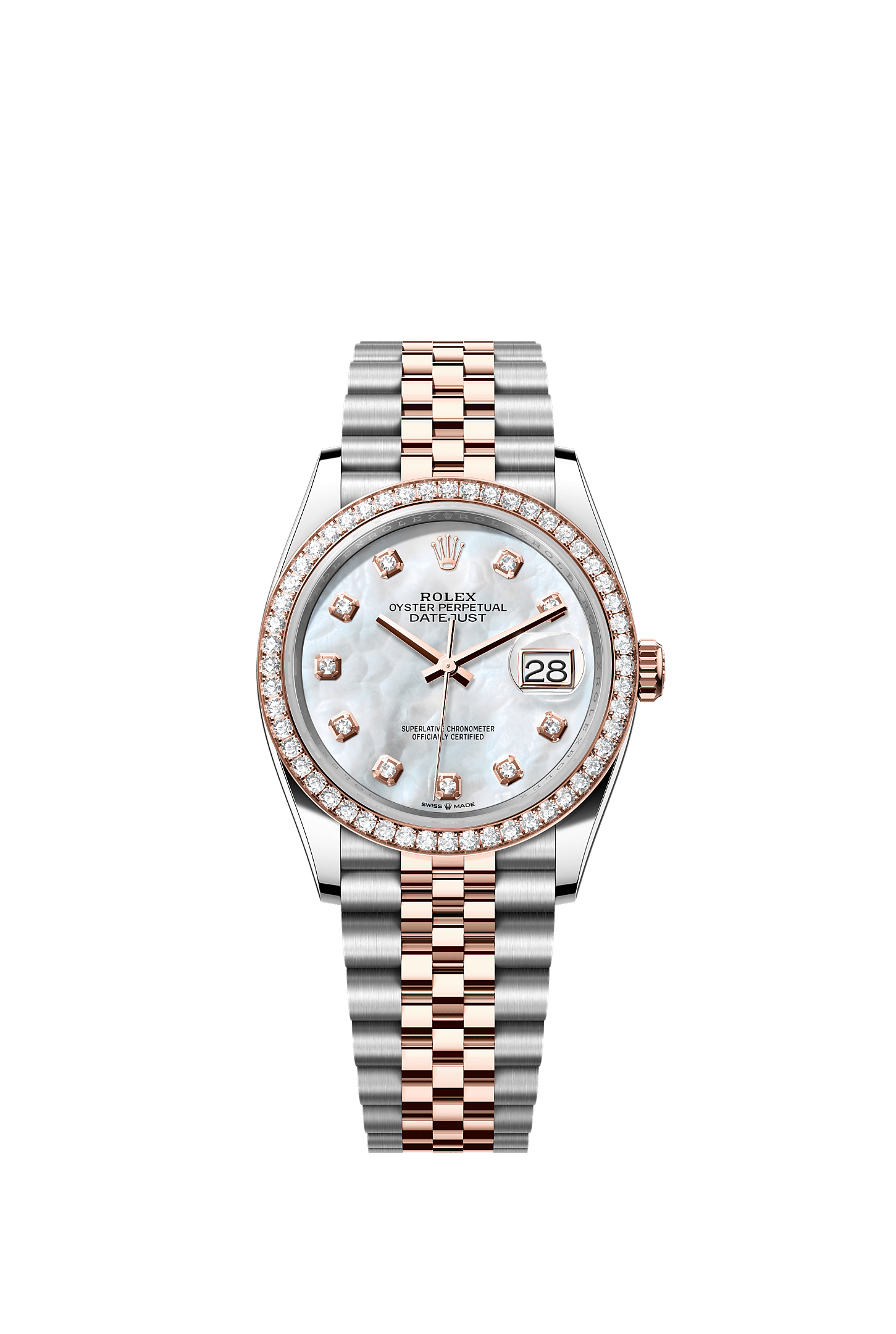 Datejust 36, Oyster, 36 mm, Oystersteel, Everose-goud en diamanten, Wijzerplaat : Wit parelmoer, bezet met diamanten, Rolex