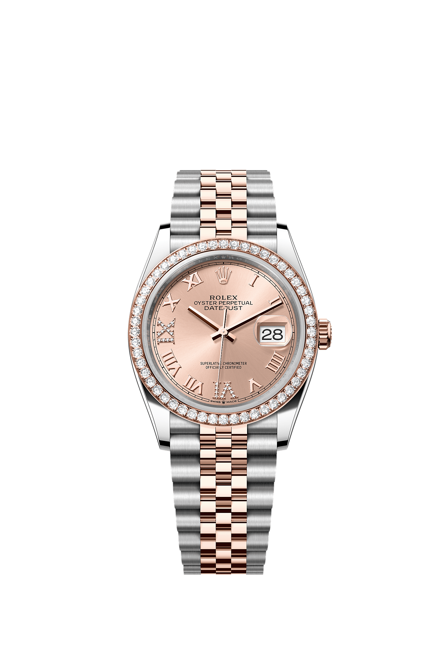 Datejust 36, Oyster, 36 mm, Oystersteel, Everose-goud en diamanten, Wijzerplaat : Rosékleurig bezet met diamanten, Rolex