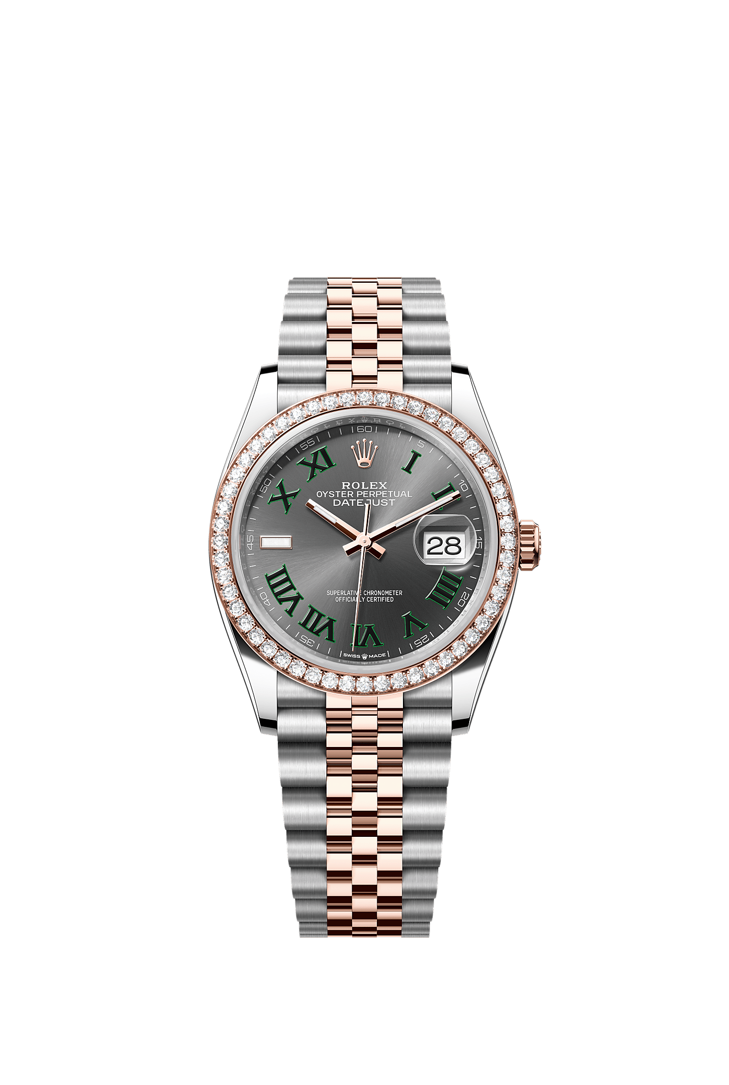 デイトジャスト 36, オイスター、36 mm、オイスタースチール＆エバーローズゴールド、ダイヤモンド, ダイアル : スレート, Rolex