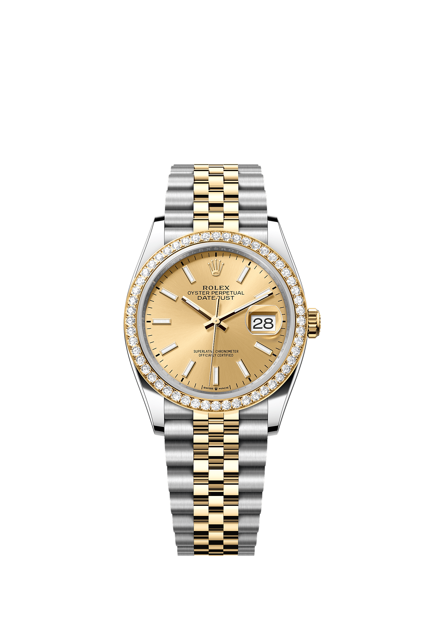 Datejust 36, Oyster, 36 mm, stal Oystersteel, żółte złoto i brylanty, Tarcza : Kolor szampana, Rolex