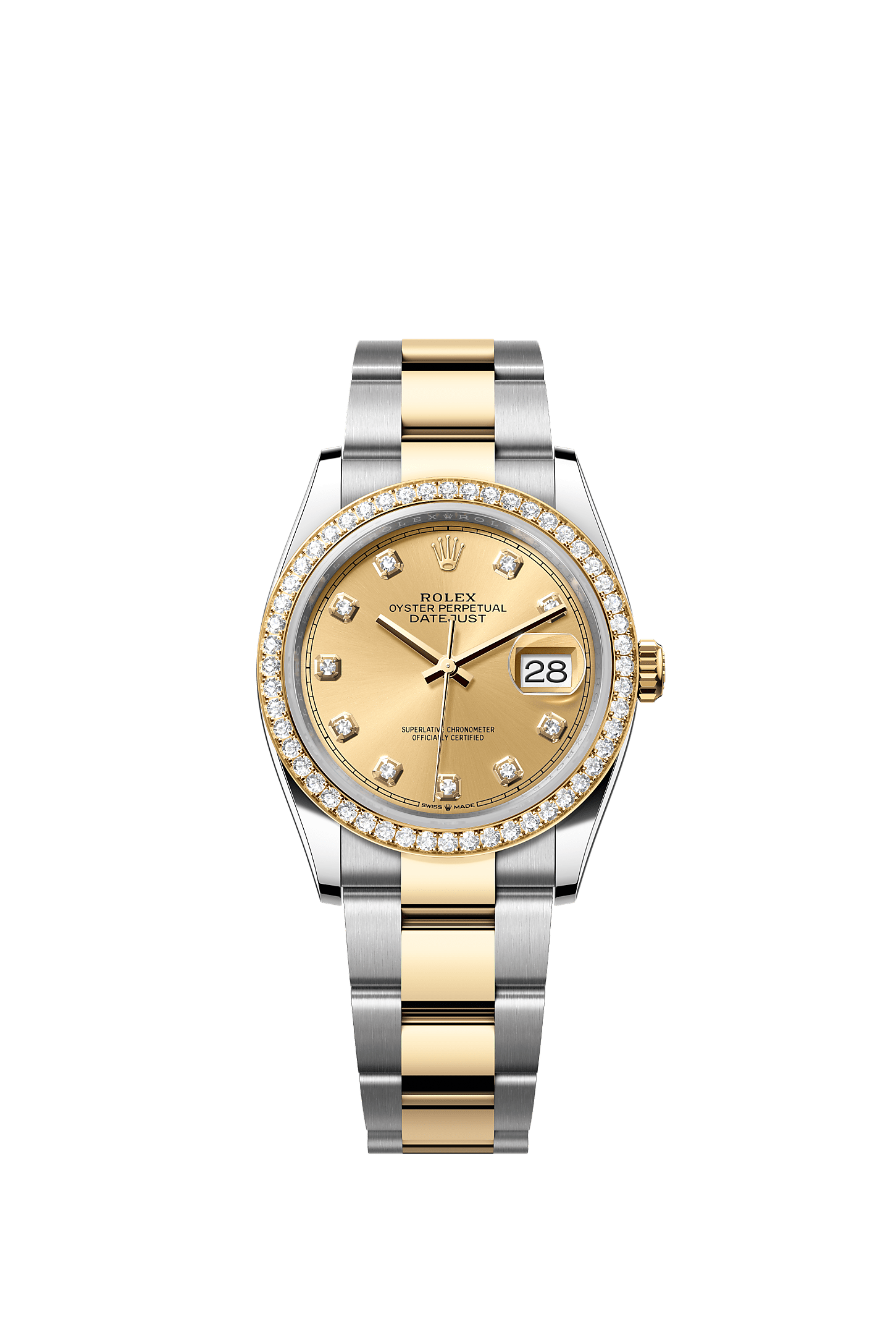 Datejust 36, Oyster, 36 mm, Oystersteel, geelgoud en diamanten, Wijzerplaat : Champagnekleurig, bezet met diamanten, Rolex