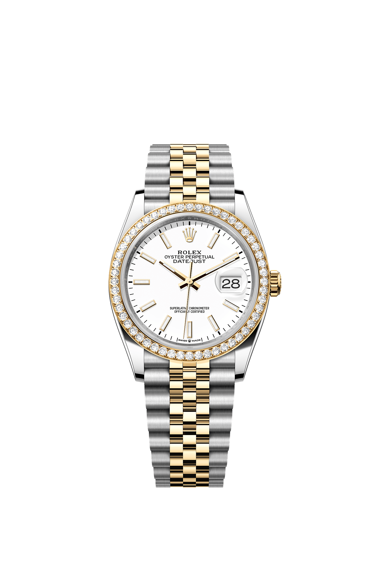 Datejust 36, Oyster, 36 mm, stal Oystersteel, żółte złoto i brylanty, Tarcza : Biała, Rolex