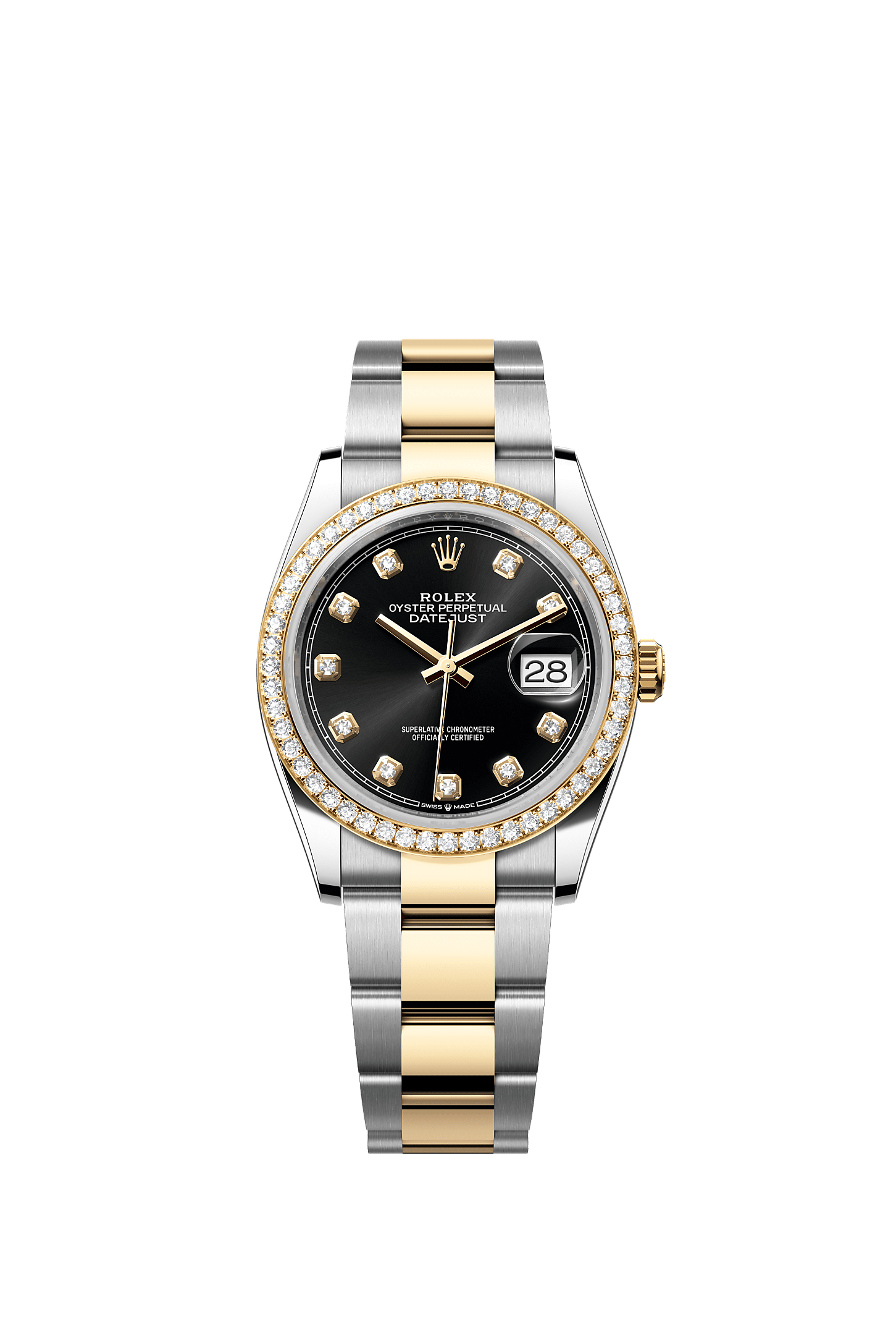 Datejust 36, Oyster, 36 mm, Oystersteel, yellow gold and diamonds, Dial : Bright black set with diamonds, Rolex