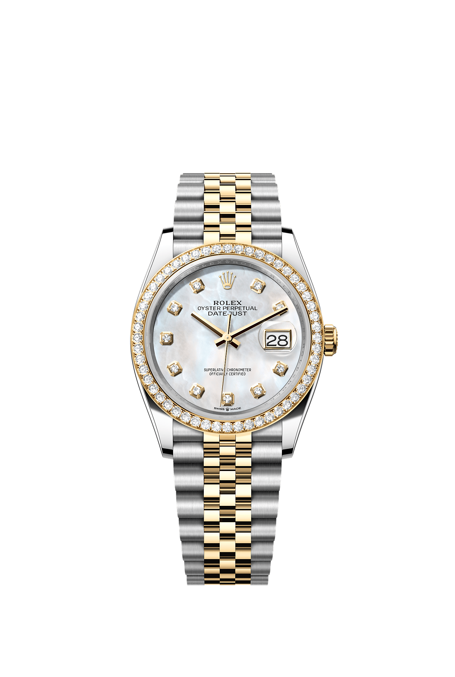 Datejust 36, Oyster, 36 mm, acciaio Oystersteel, oro giallo e diamanti, Quadrante : In madreperla bianca con diamanti, Rolex