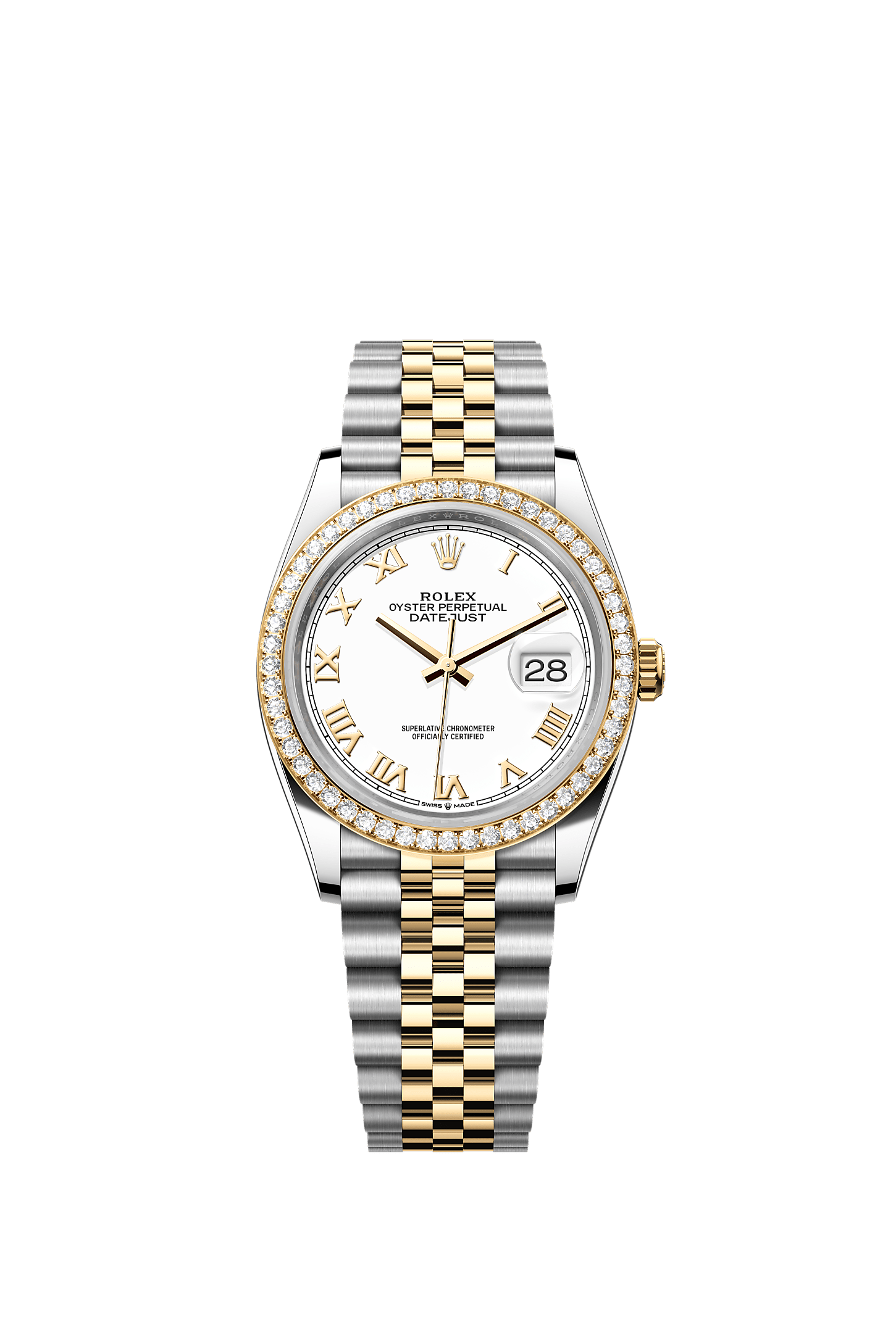 Datejust 36, Oyster, 36 mm, acero Oystersteel, oro amarillo y diamantes, Esfera : Blanca, Rolex