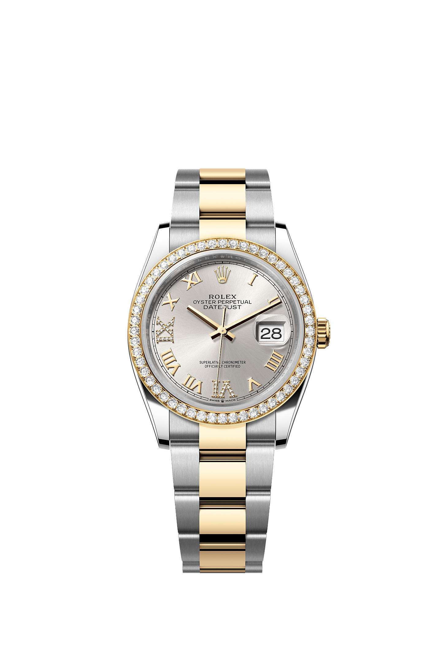 Datejust 36, Oyster, 36 mm, acero Oystersteel, oro amarillo y diamantes, Esfera : Plateada engastada de diamantes, Rolex