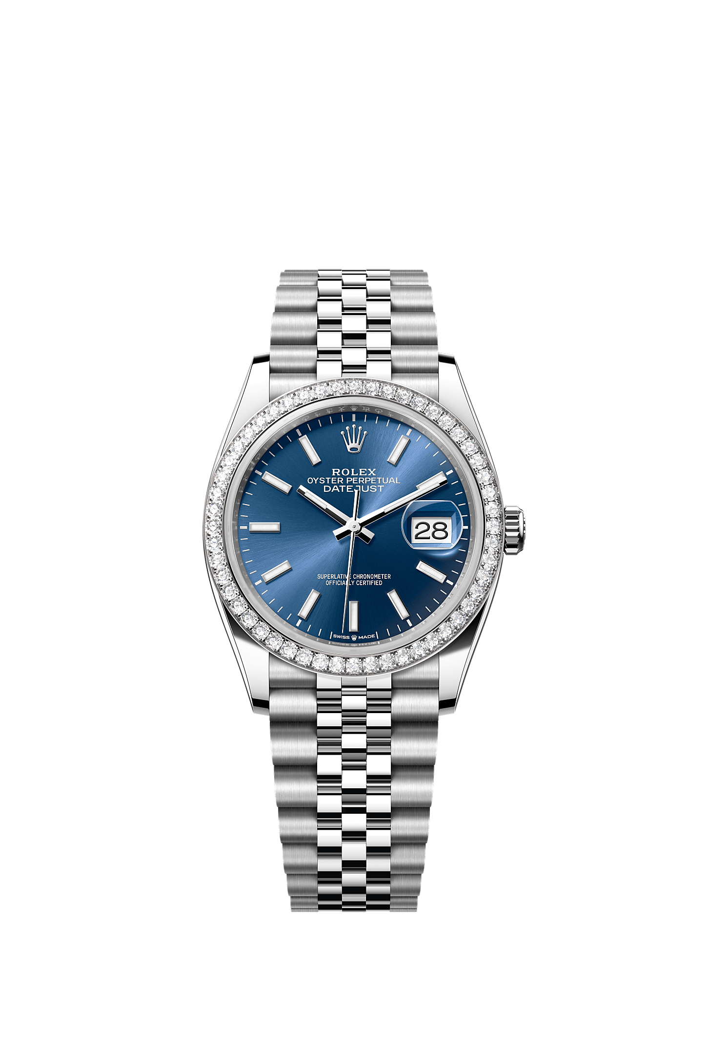 דייטג'אסט 36, אויסטר, 36 מ"מ, פלדת אויסטר, זהב לבן עם יהלומים, לוח המחוגים : כחול בוהק, Rolex
