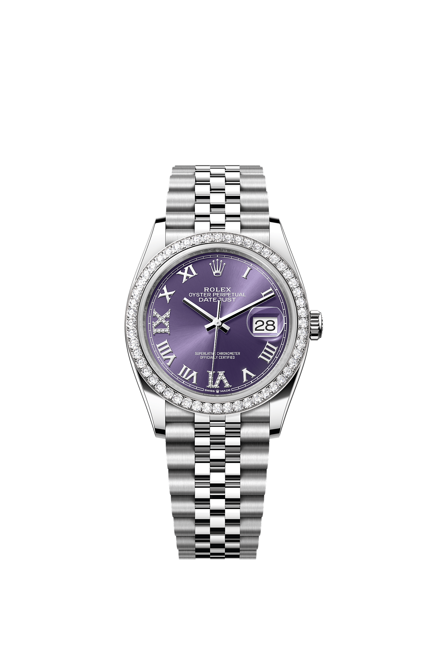 Datejust 36, Oyster, 36 mm, Oystersteel, witgoud en diamanten, Wijzerplaat : Auberginekleurig bezet met diamanten, Rolex
