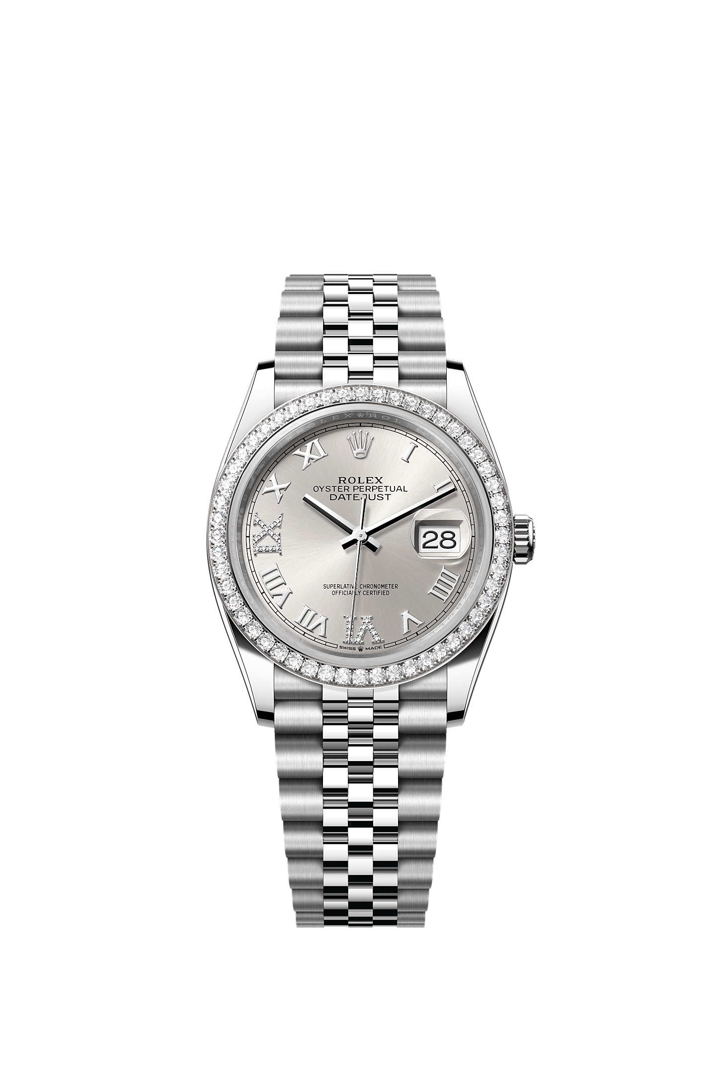 Datejust 36, Oyster, 36 mm, thép Oystersteel, vàng trắng và kim cương, Mặt đồng hồ : màu bạc, nạm kim cương, Rolex