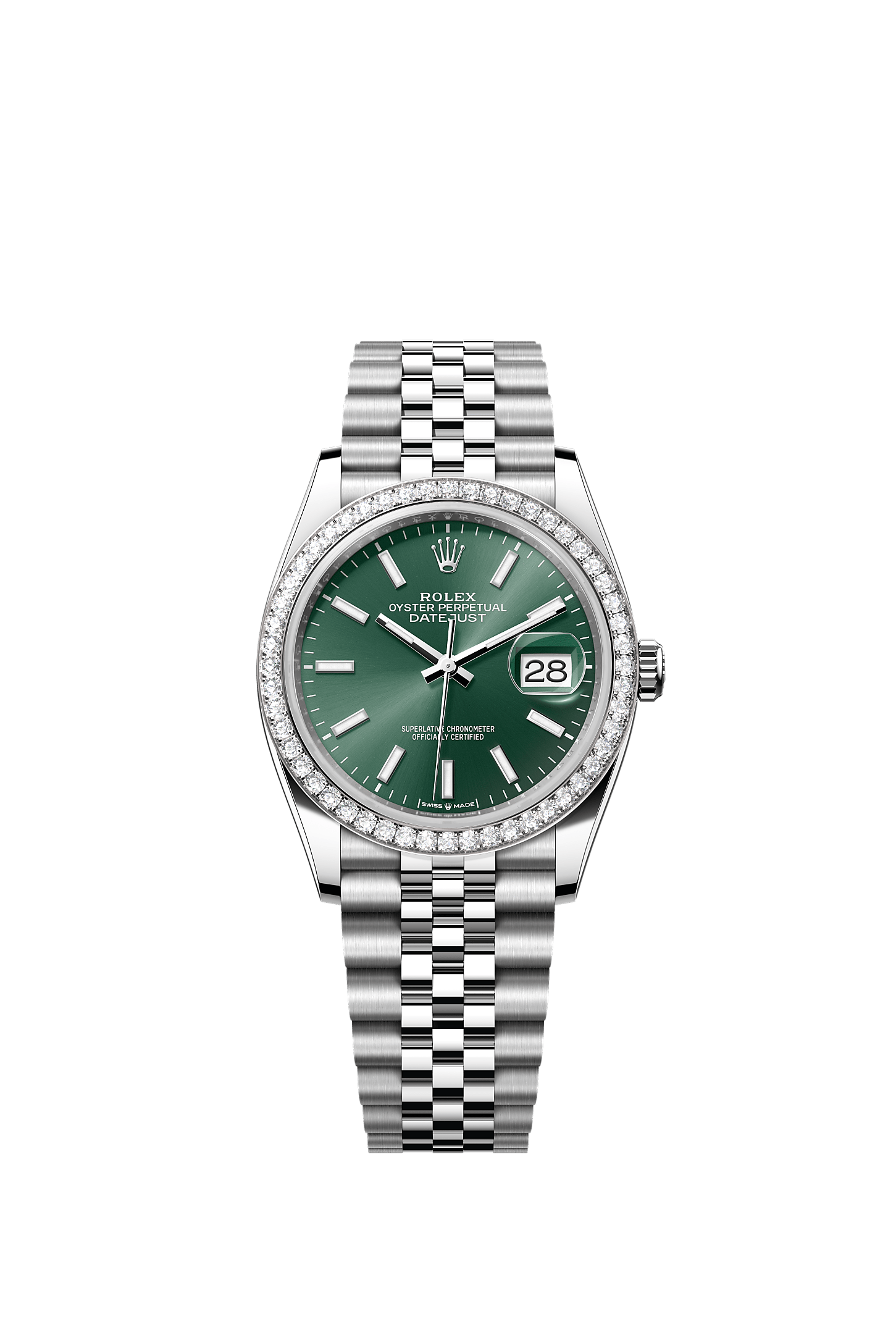 Datejust 36, Oyster, 36 mm, thép Oystersteel, vàng trắng và kim cương, Mặt đồng hồ : màu xanh bạc hà, Rolex