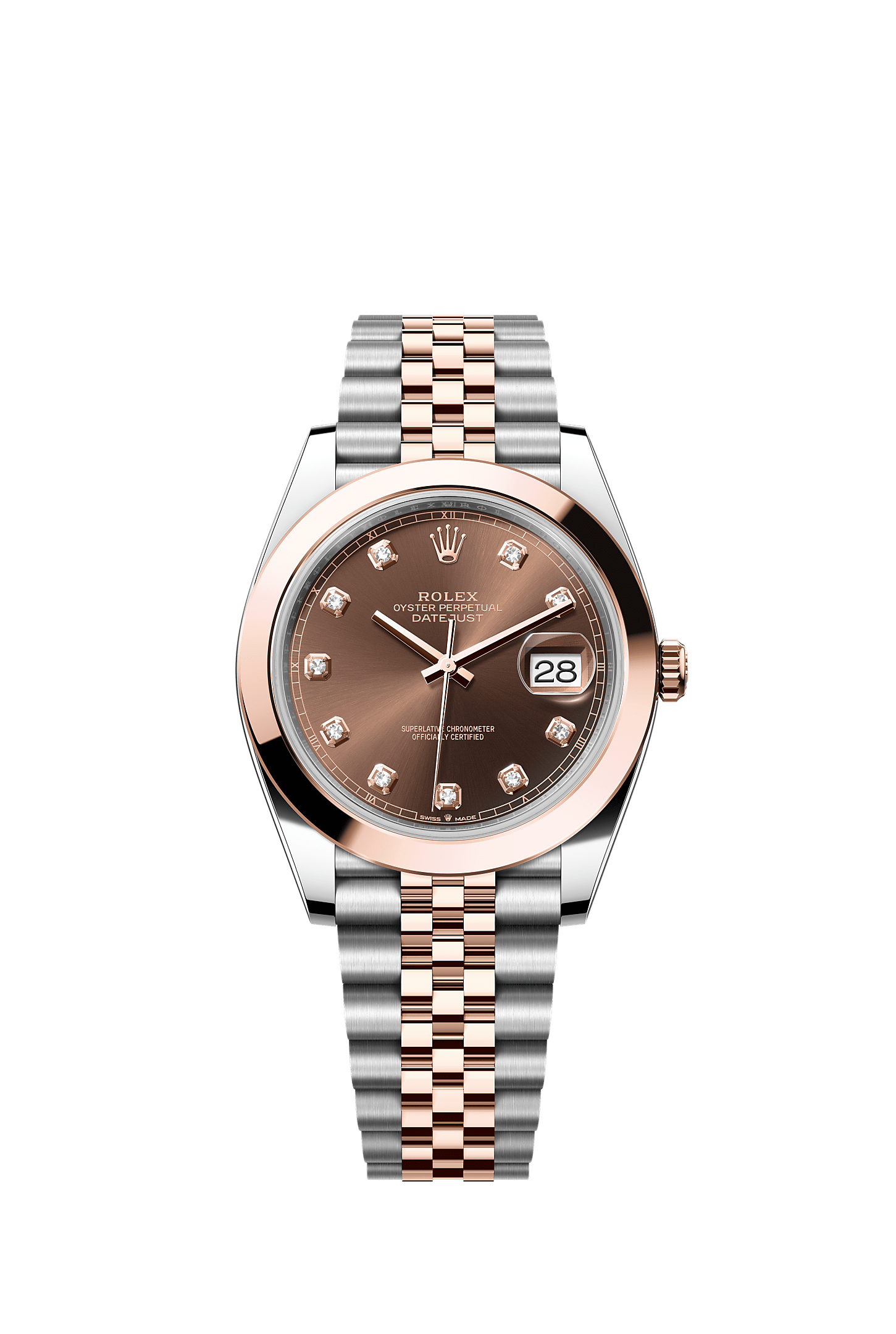 Datejust 41, Oyster, 41 mm, thép Oystersteel và vàng Everose, Mặt đồng hồ : Màu sô-cô-la, nạm kim cương, Rolex
