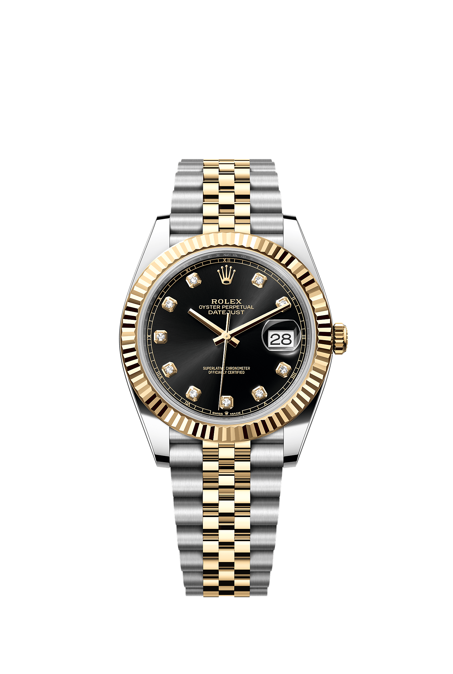 Datejust 41, 蠔式，41毫米，黃金及蠔式鋼, 錶面 : 亮黑色，鑲鑽石, Rolex