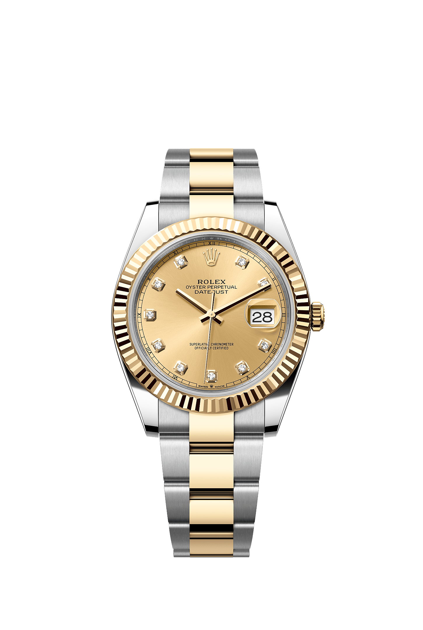 Datejust 41, Oyster, 41 mm, aço Oystersteel e ouro amarelo, Mostrador : Cor champagne cravejado de diamantes, Rolex