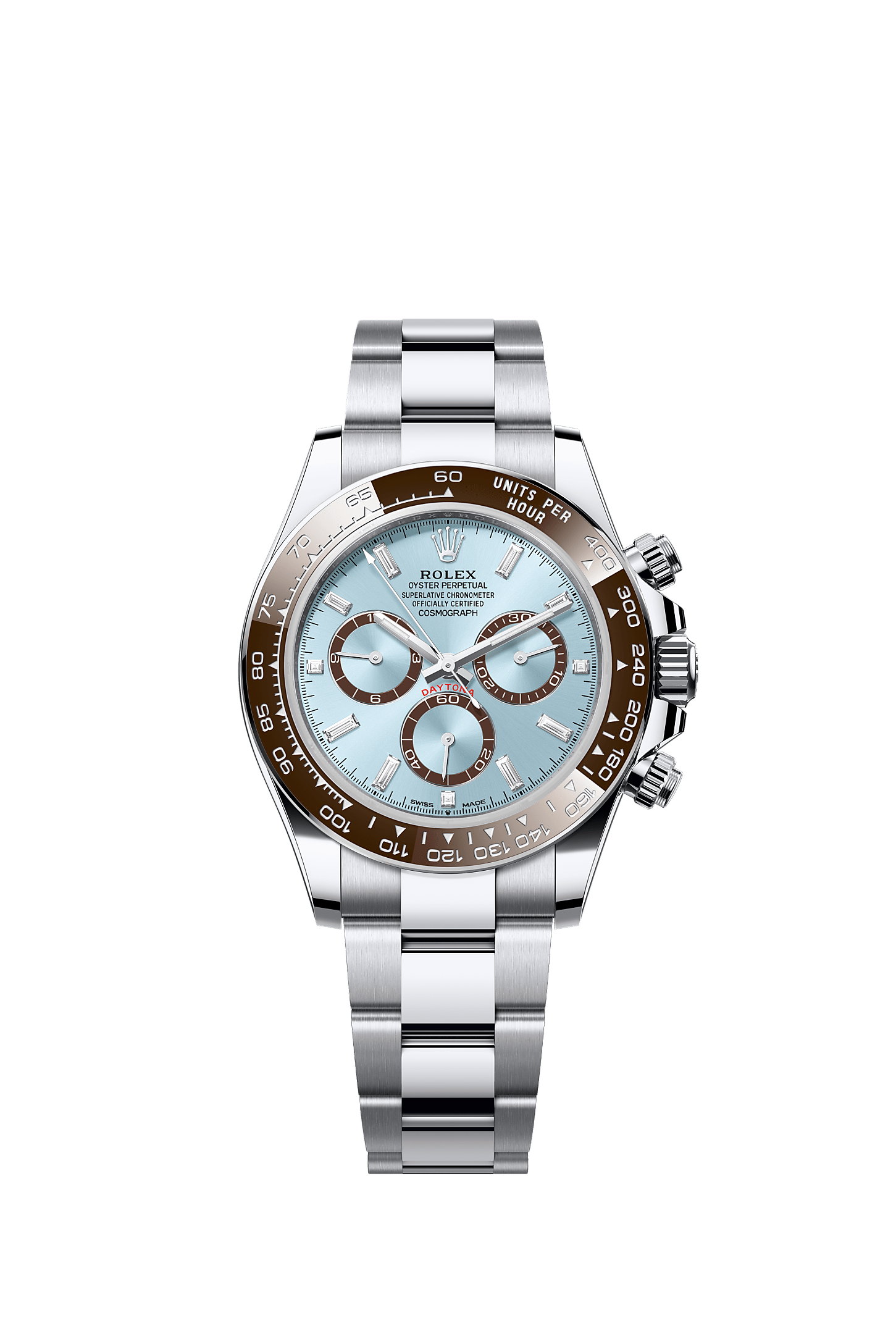 Cosmograph Daytona, Oyster, 40 mm, platinum, Dial : Ice blue, chestnut brown counter rings set with diamonds, Rolex