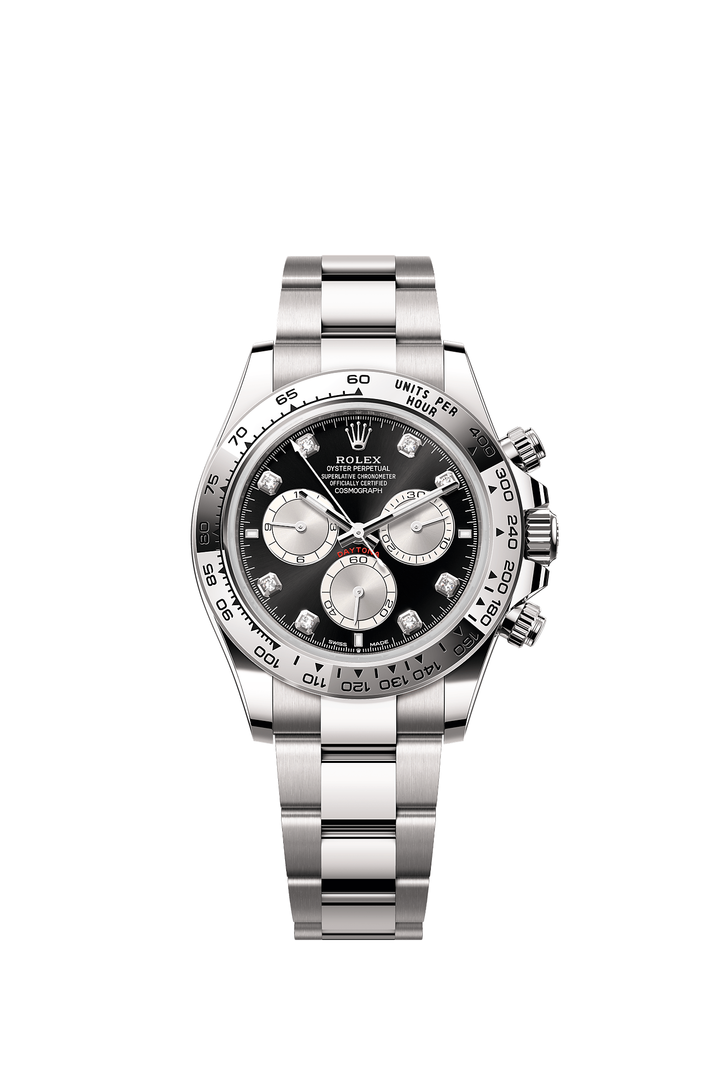 Cosmograph Daytona, Oyster, 40 มม., ทองคำขาว, หน้าปัด : สีดำสว่างและสตีลประดับเพชร, Rolex