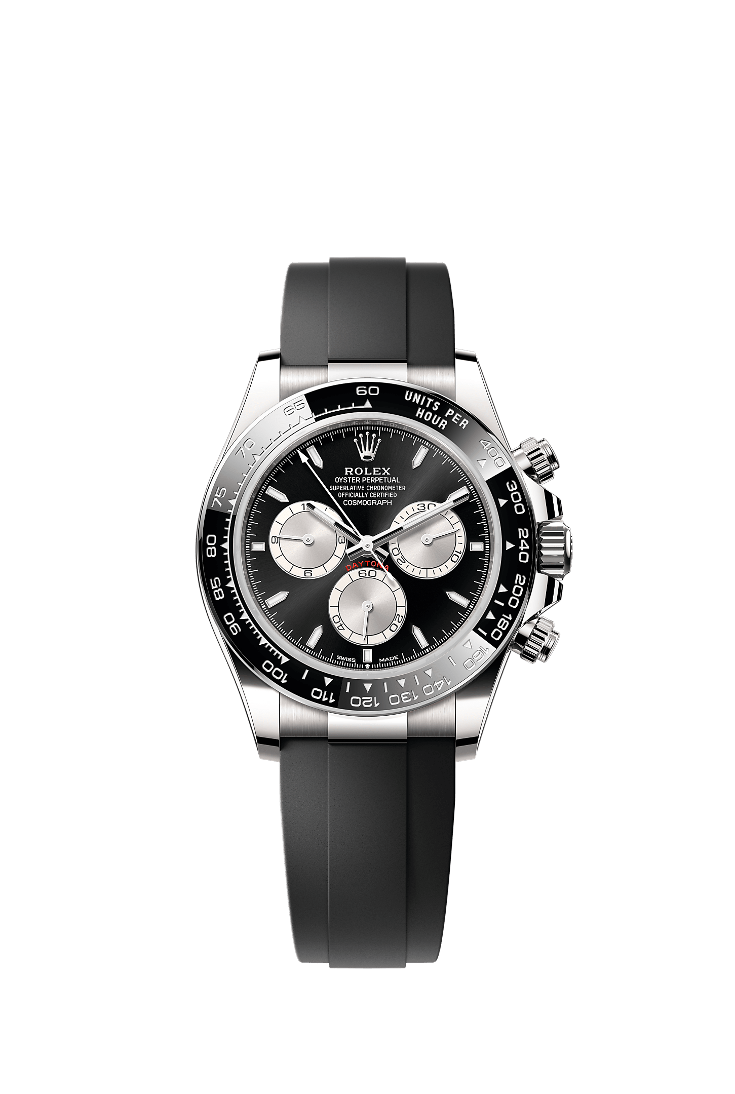 Cosmograph Daytona, Oyster, 40 มม., ทองคำขาว, หน้าปัด : สีดำสว่างและสตีล, Rolex