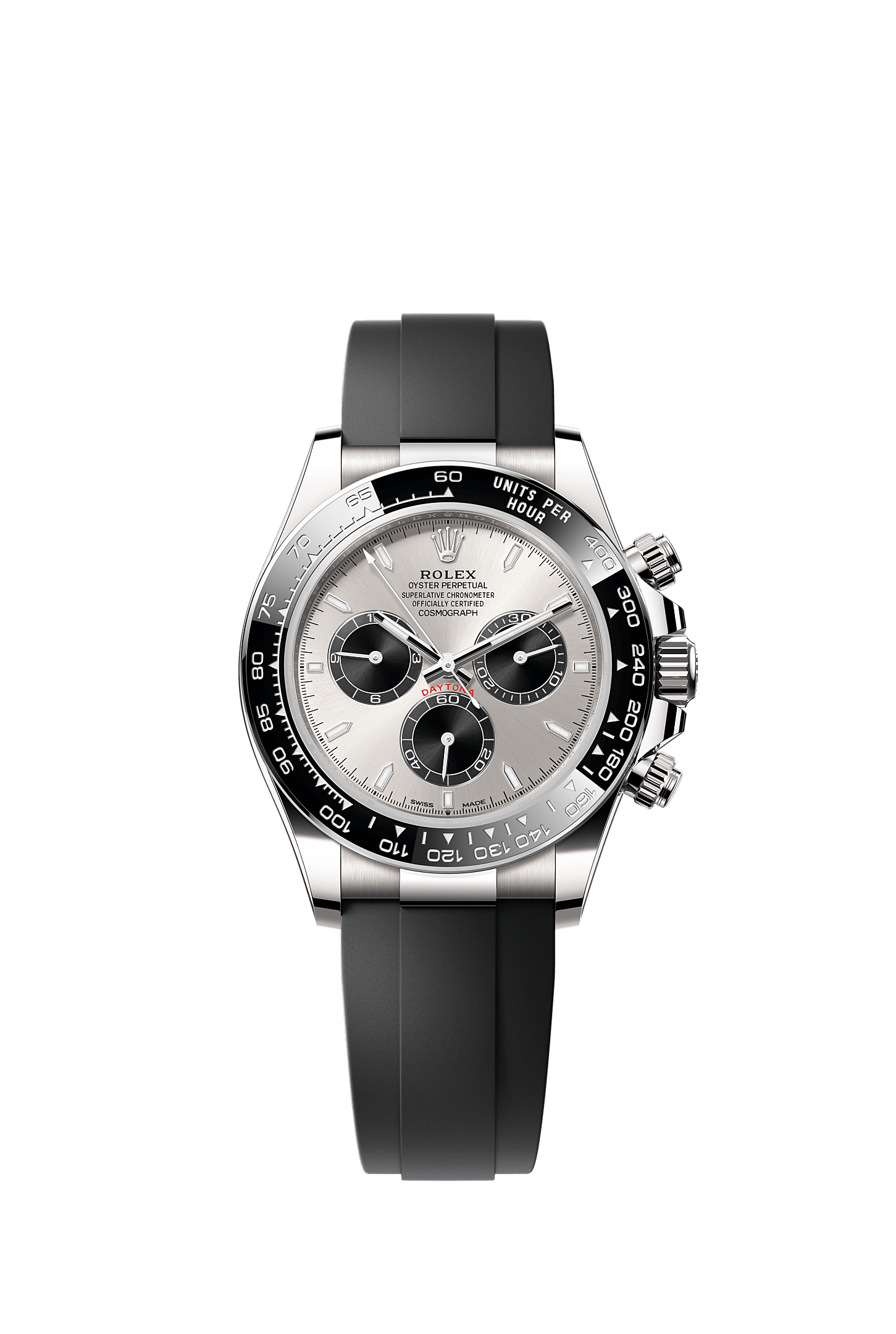 Cosmograph Daytona, Oyster, 40 มม., ทองคำขาว, หน้าปัด : สตีลและสีดำสว่าง, Rolex