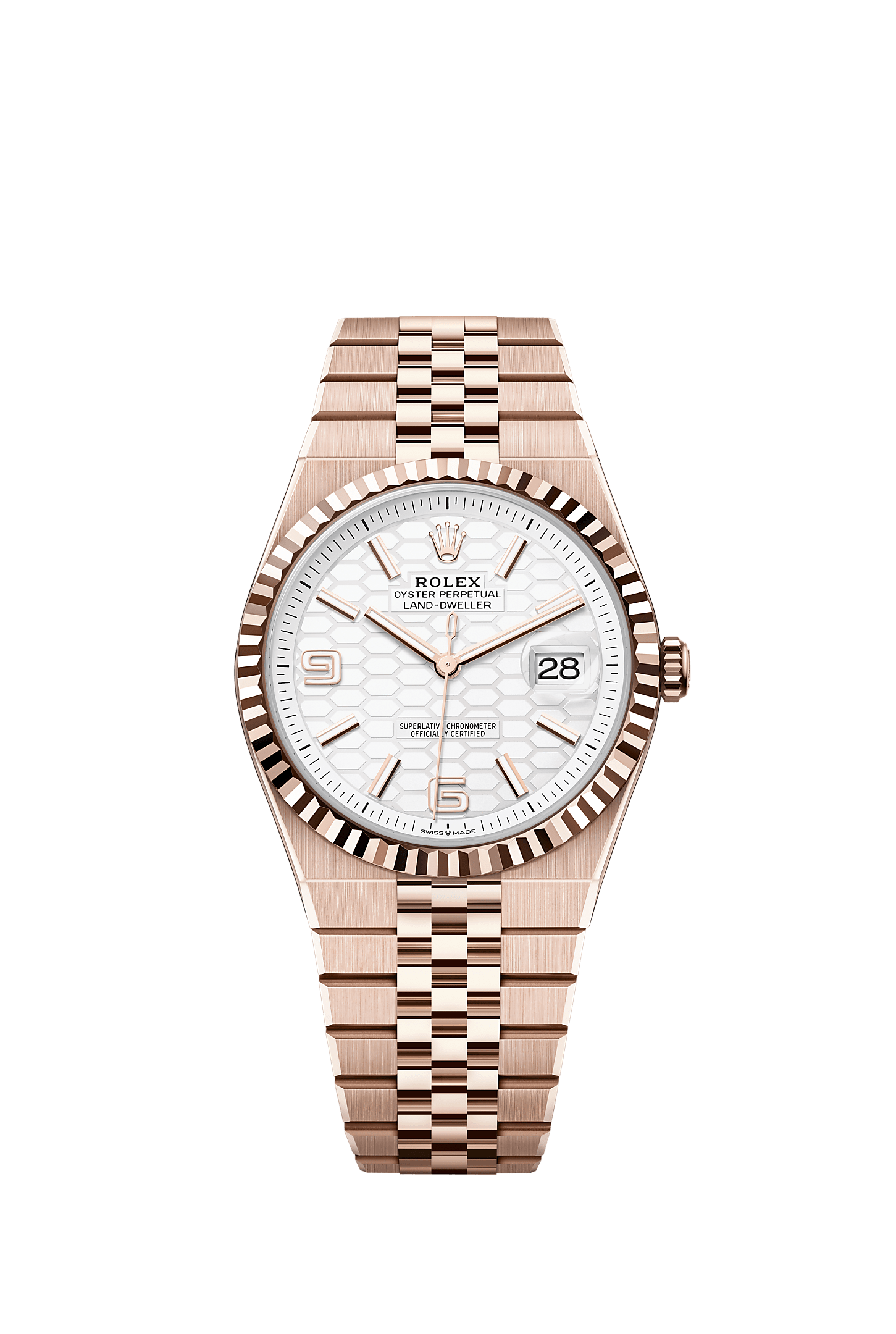Land-Dweller 40, Oyster, 40 mm, Everose gold, Dial : Intense white, honeycomb motif, Rolex