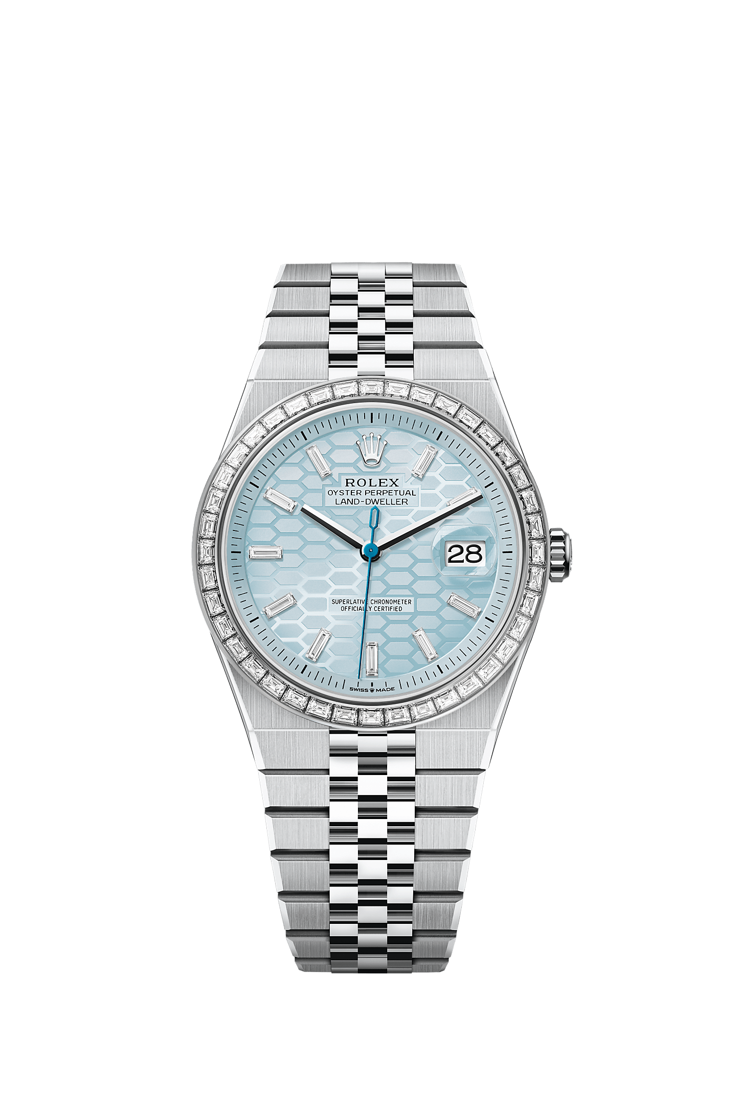 Land-Dweller 40, Oyster, 40 mm, platina e diamantes, Mostrador : Motivo favo de mel em azul-glacial, cravejado de diamantes, Rolex