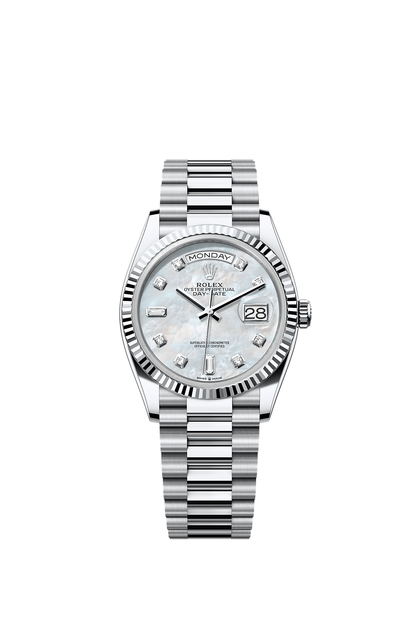 Day-Date 36, Oyster, 36 mm, platinum, Dial : Tampilan lapisan kerang mutiara putih dengan berlian, Rolex