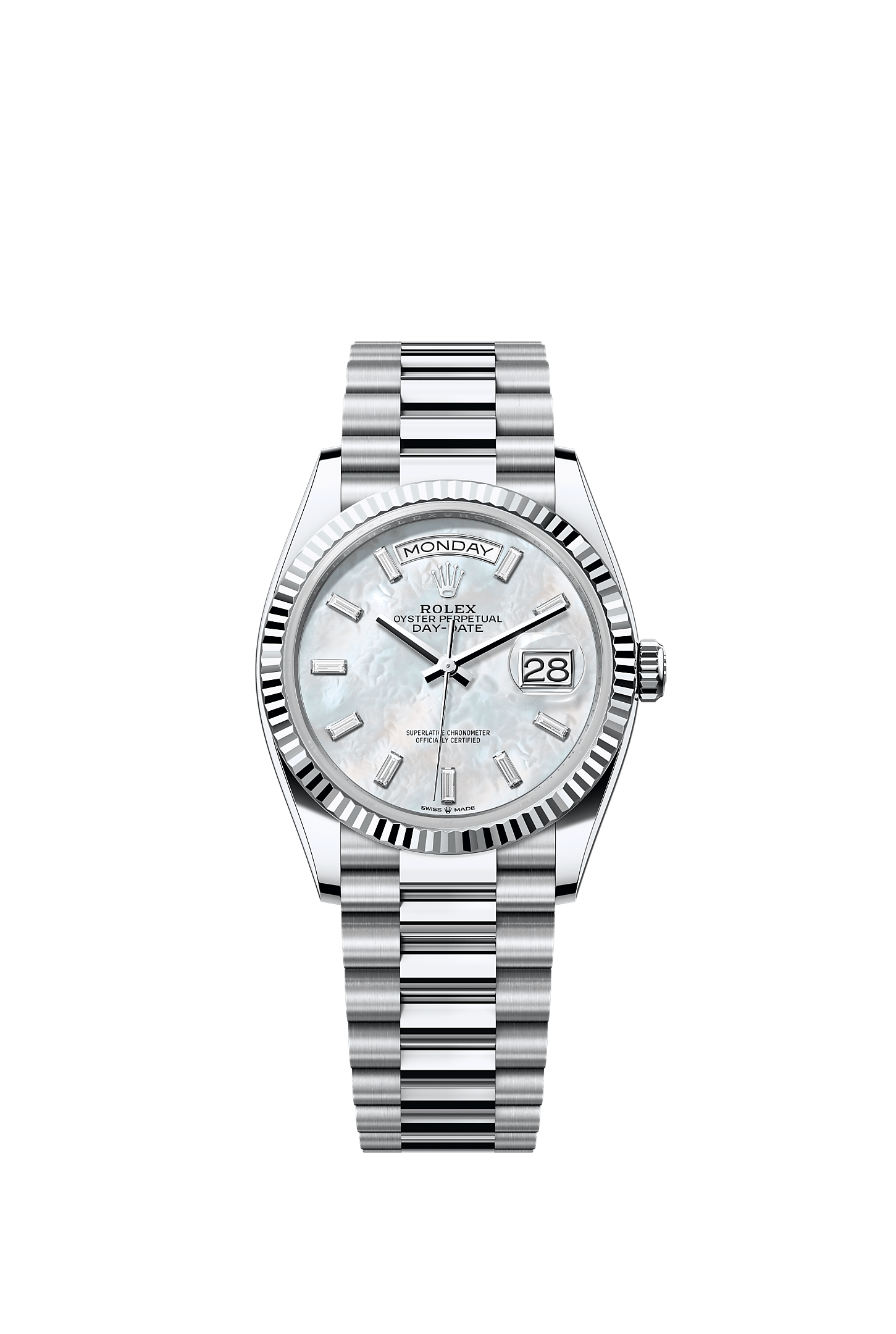 Day-Date 36, Oyster, 36 mm, platinum, Dial : White mother-of-pearl set with diamonds, Rolex