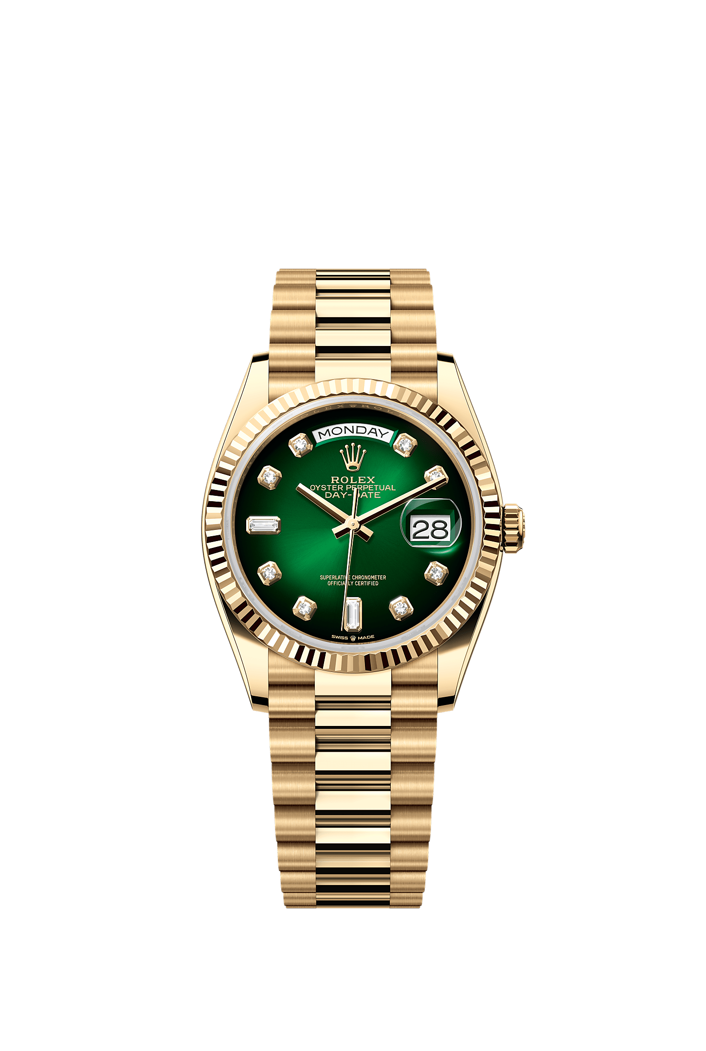 Day-Date 36, Oyster, 36 mm, yellow gold, Dial : Green ombré set with diamonds, Rolex