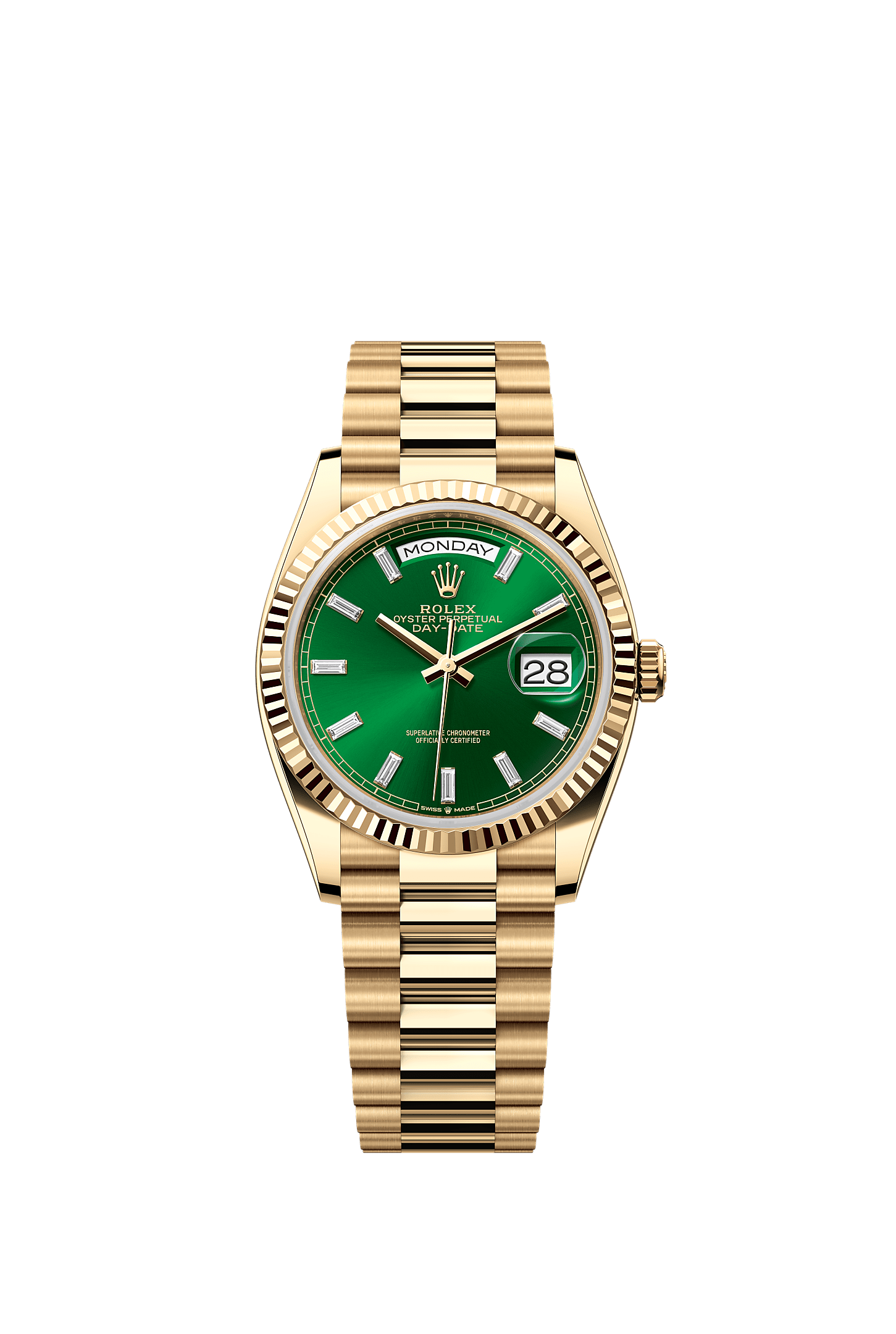 Day-Date 36, Oyster, 36 mm, emas kuning, Permukaan : Hijau cerah bertatahkan berlian, Rolex
