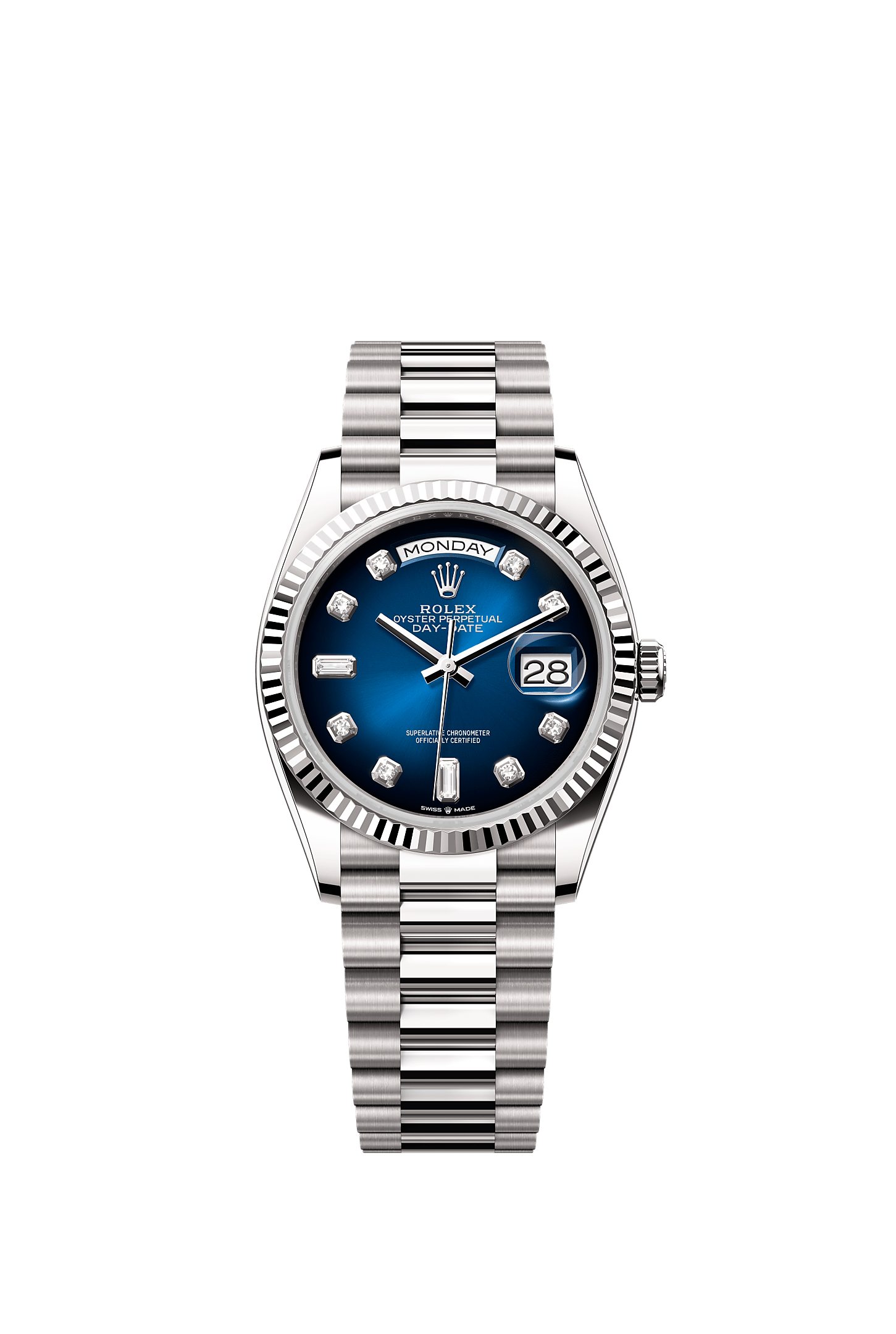 Day-Date 36, Oyster, 36 mm, ouro branco, Mostrador : Azul ombré cravejado de diamantes, Rolex
