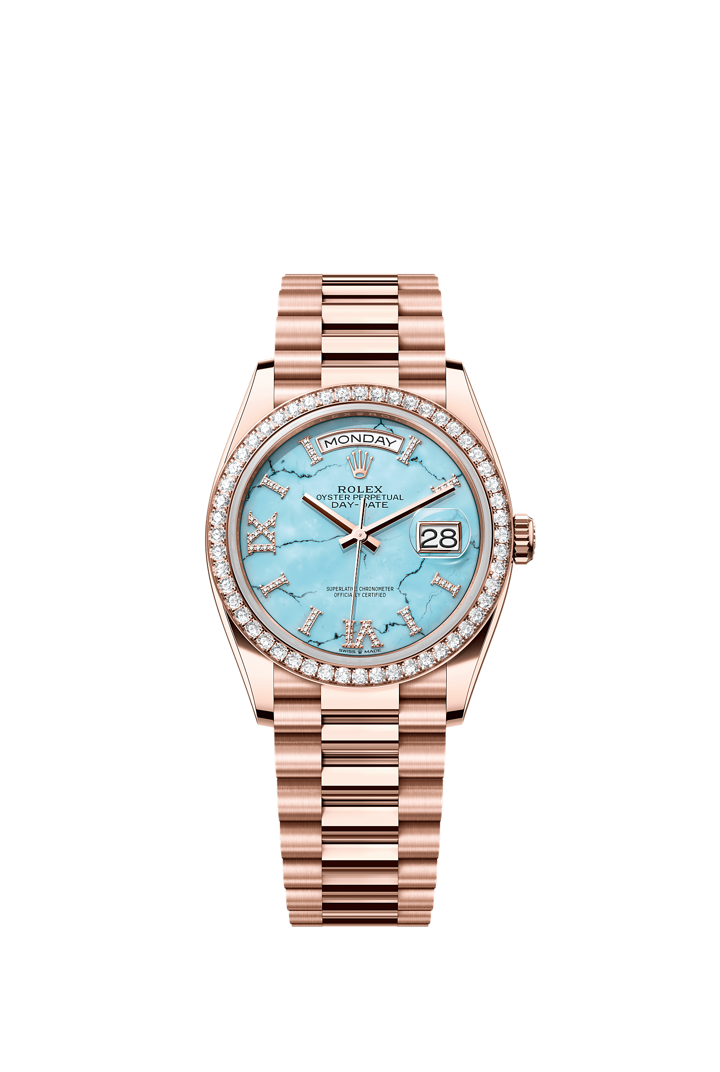Day-Date 36, Oyster, 36 mm, Everose gold and diamonds, Dial : Turquoise set with diamonds, Rolex
