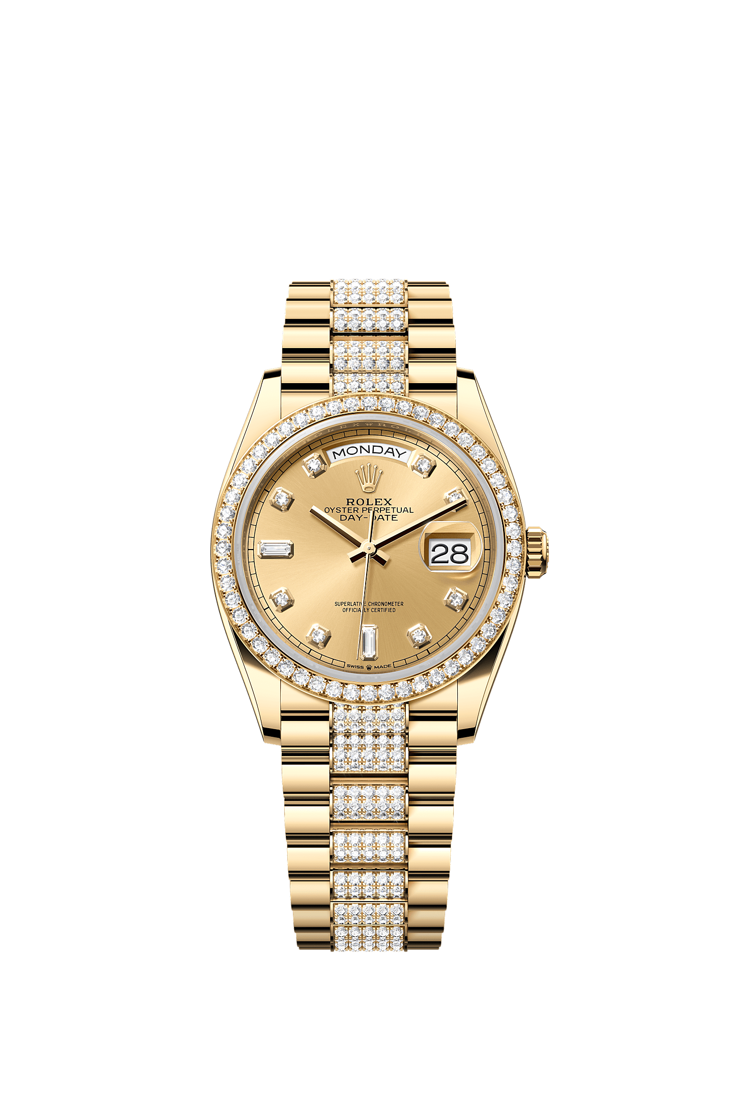 Day-Date 36, Oyster, 36 mm, emas kuning dan berlian, Dial : Warna sampanye bertatahkan berlian, Rolex
