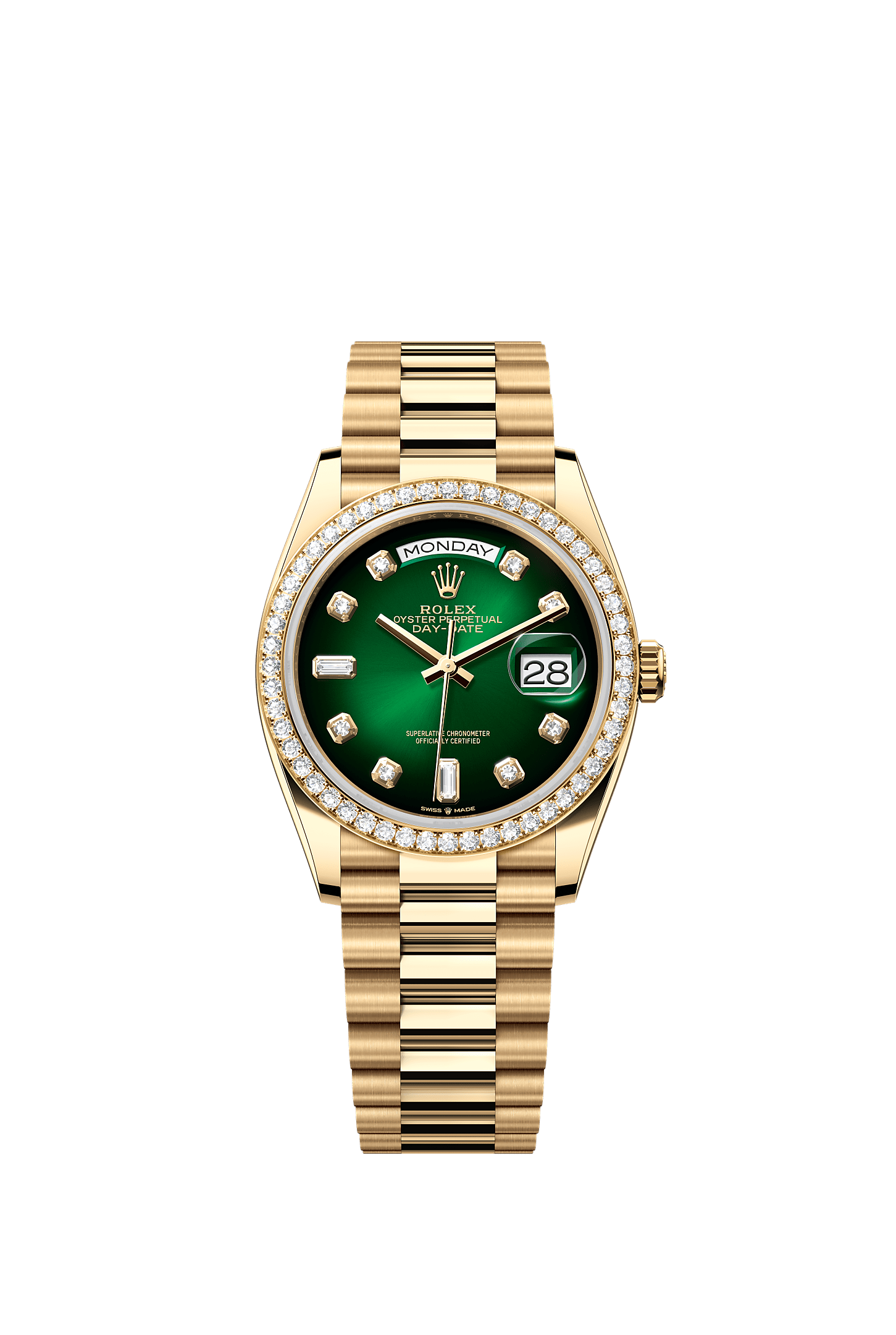 Day-Date 36, Oyster, 36 mm, emas kuning dan berlian, Dial : Tampilan <i>ombré</i> hijau dengan berlian, Rolex