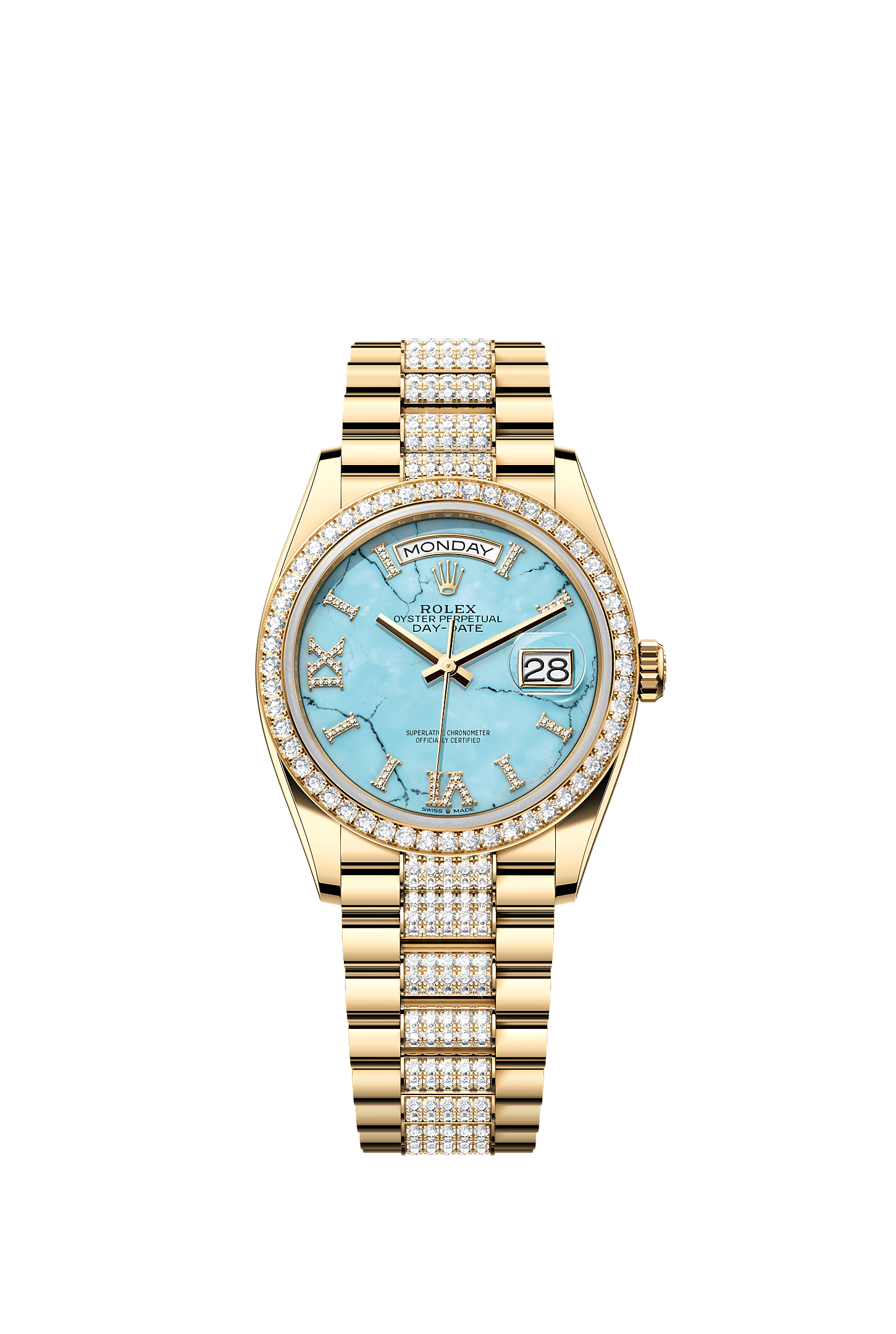 Day-Date 36, Oyster, 36 mm, ouro amarelo e diamantes, Mostrador : Turquesa, cravejado com diamantes, Rolex