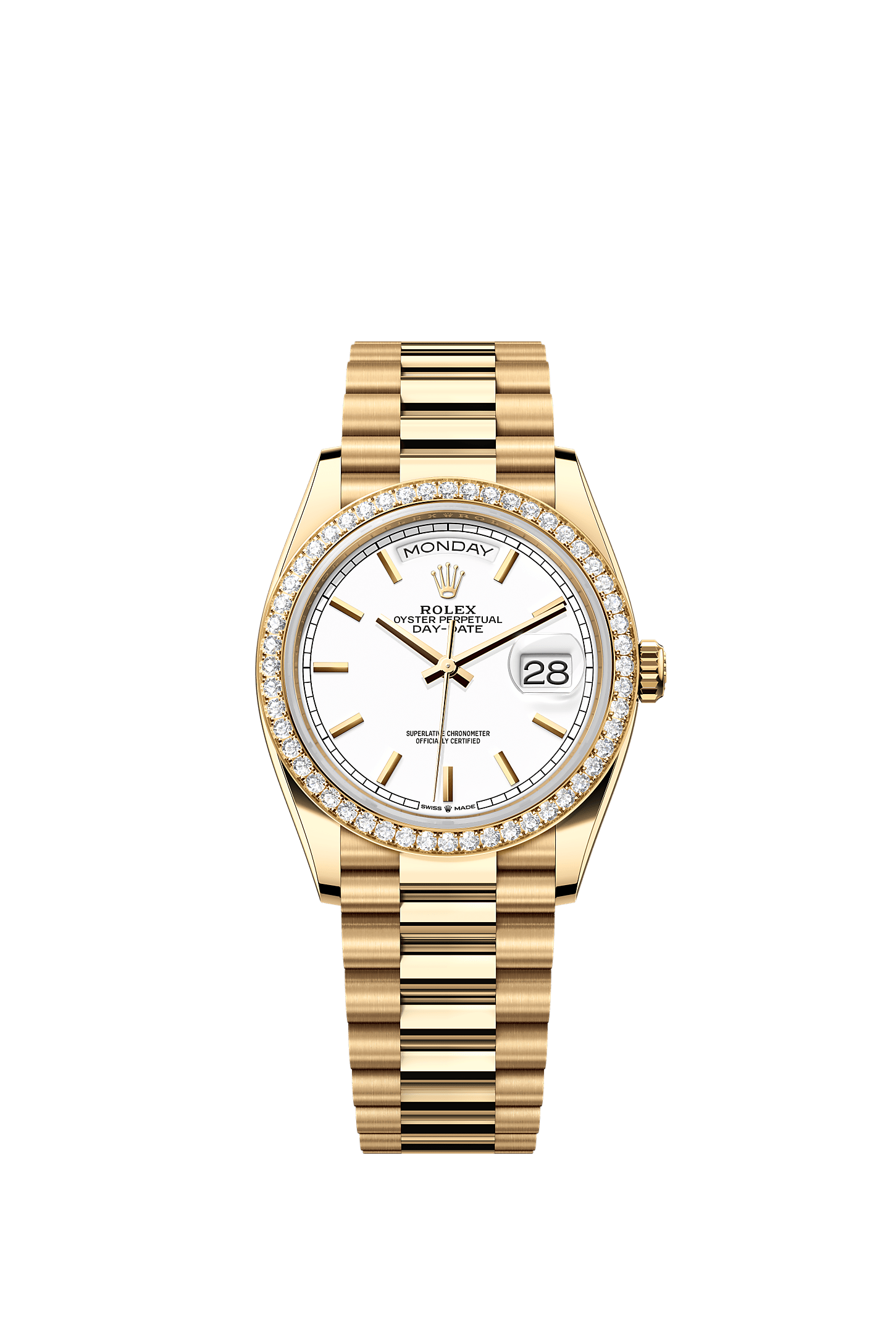 डे-डेट 36, ऑयस्टर, 36 मिमी, येलो गोल्ड और डायमंड्स, डायल : सफेद, Rolex