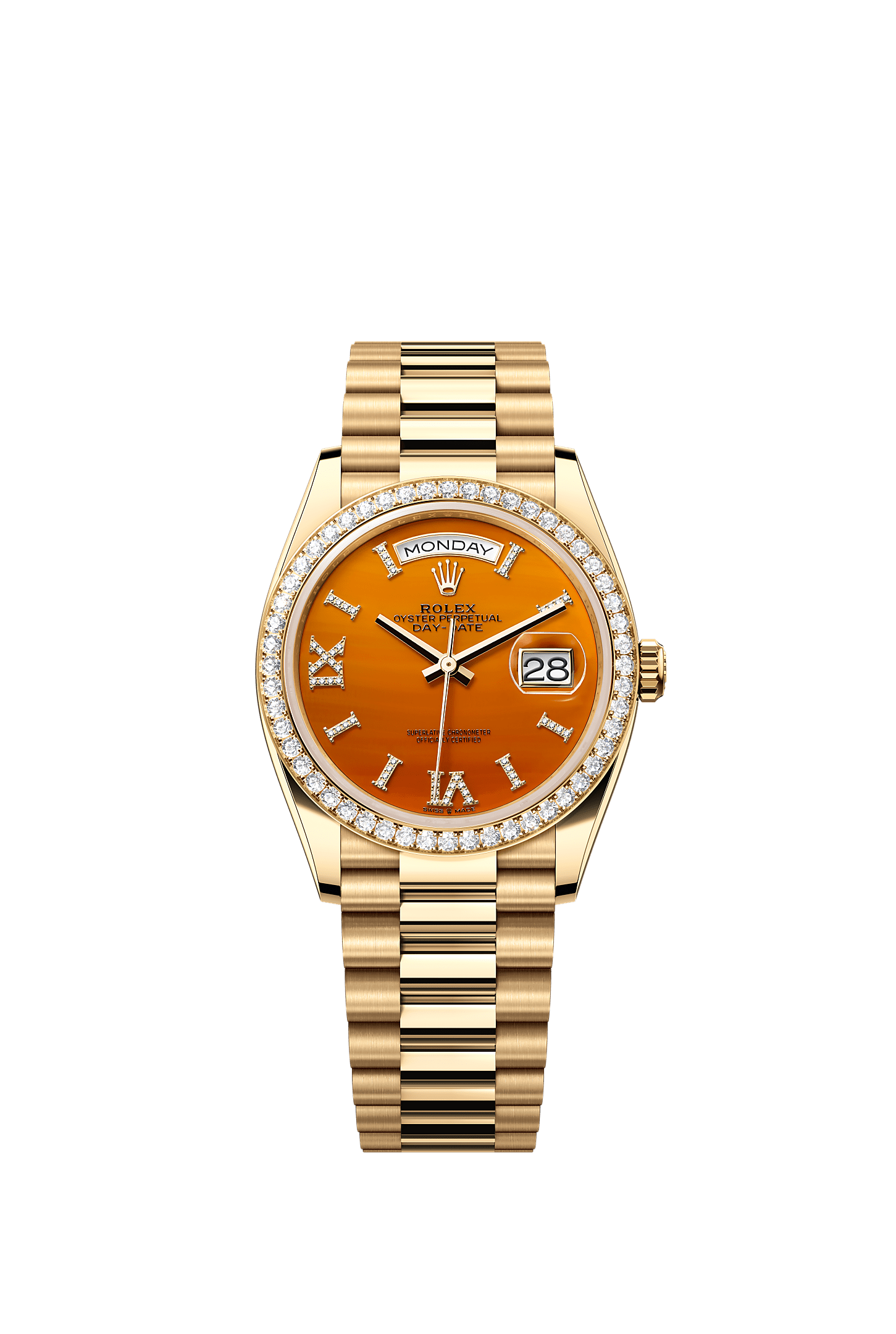 Day-Date 36, Oyster, 36 mm, yellow gold and diamonds, Dial : Carnelian set with diamonds, Rolex