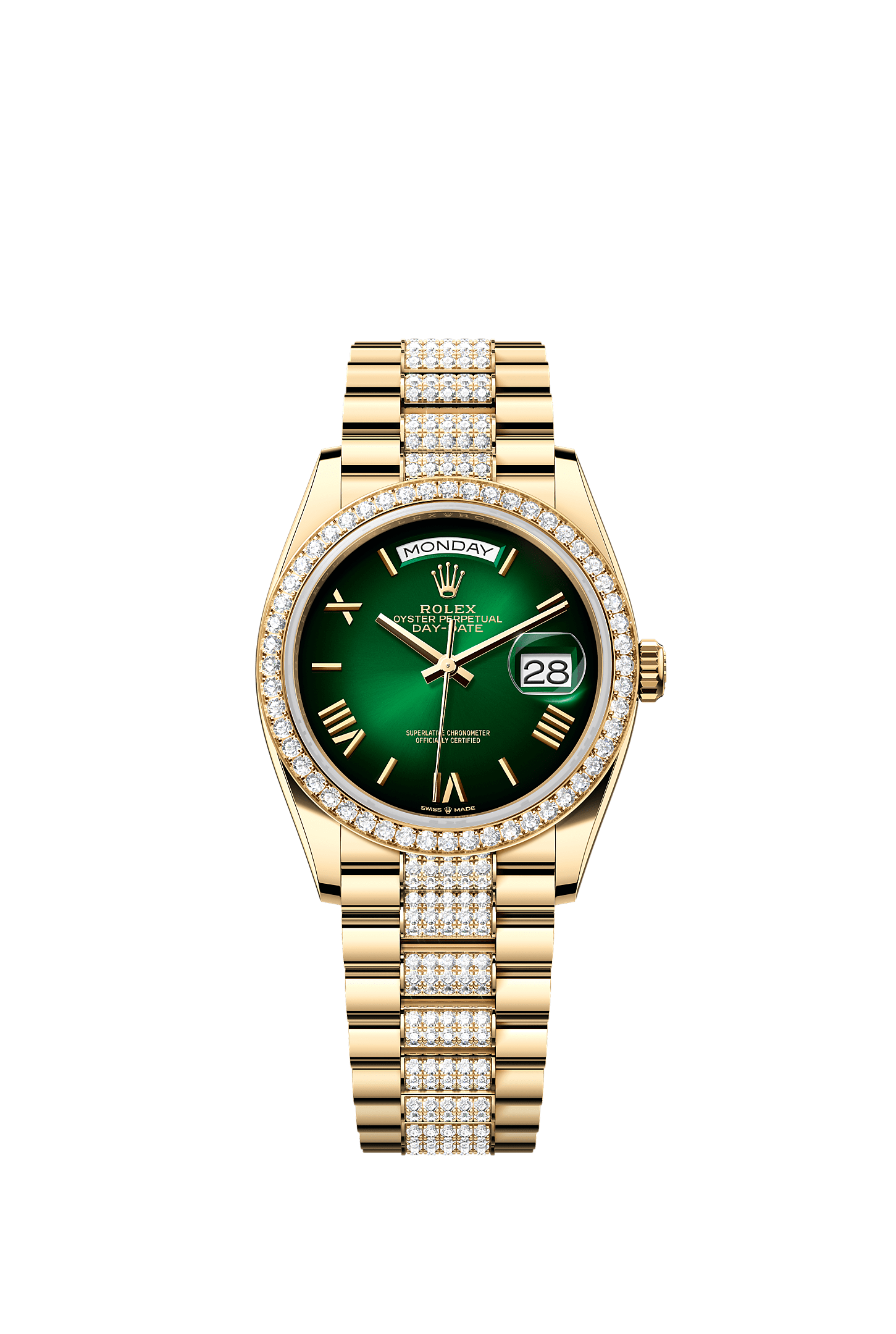 Day-Date 36, Oyster, 36 mm, ouro amarelo e diamantes, Mostrador : Verde <i>ombré</i>, Rolex