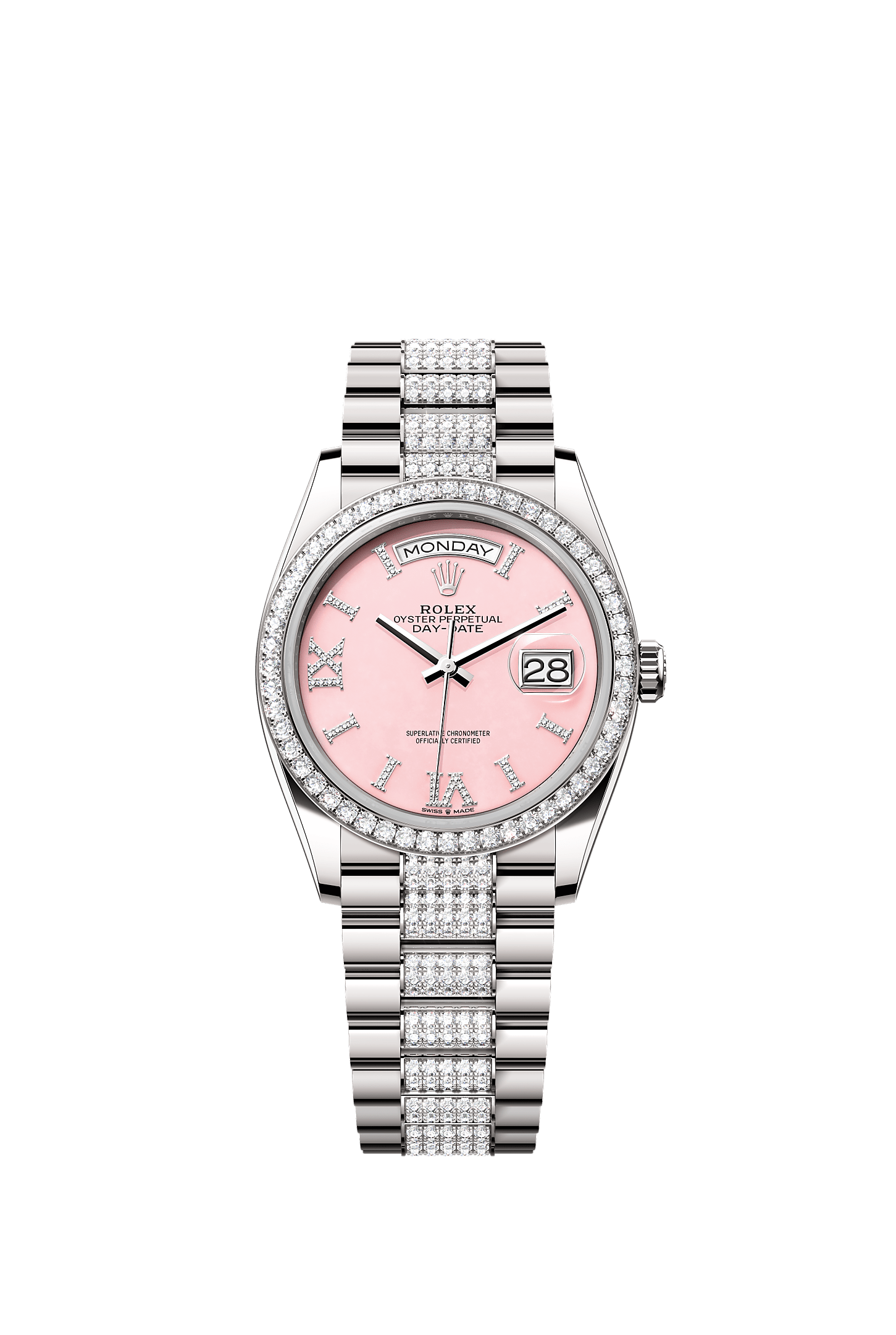 Day-Date 36, Oyster, 36 mm, or gris et diamants, Cadran : Opale rose, serti de diamants, Rolex