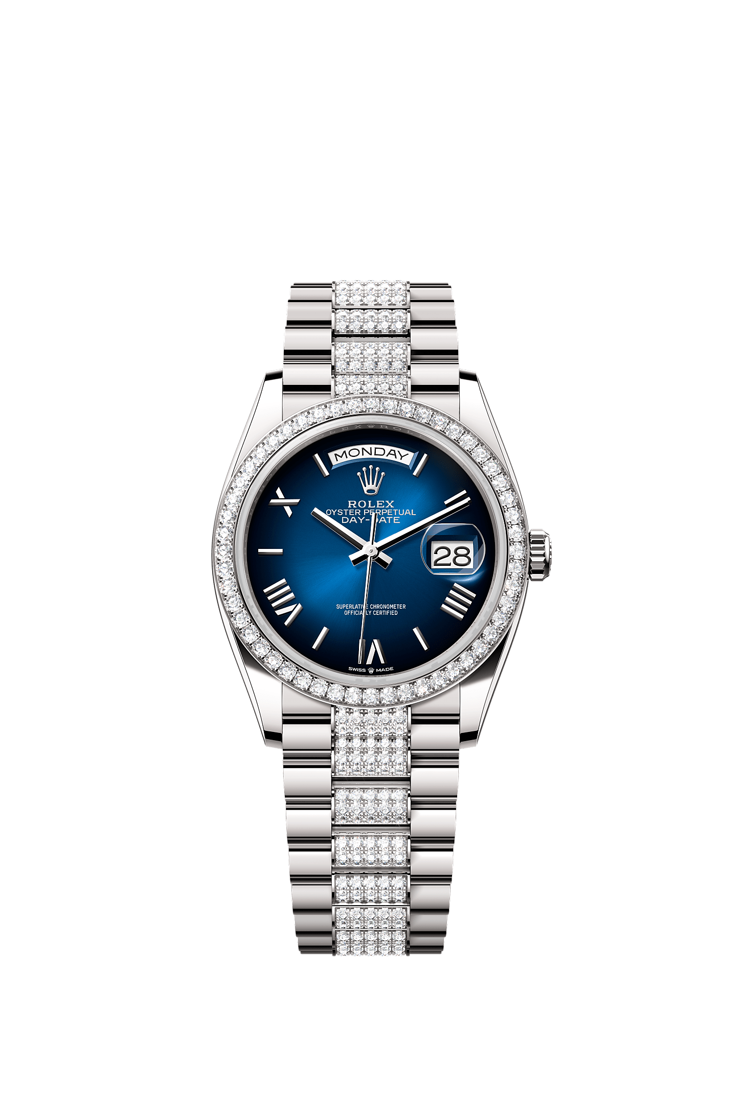 Day-Date 36, Oyster, 36 mm, ouro branco e diamantes, Mostrador : Azul <i>ombré</i>, Rolex