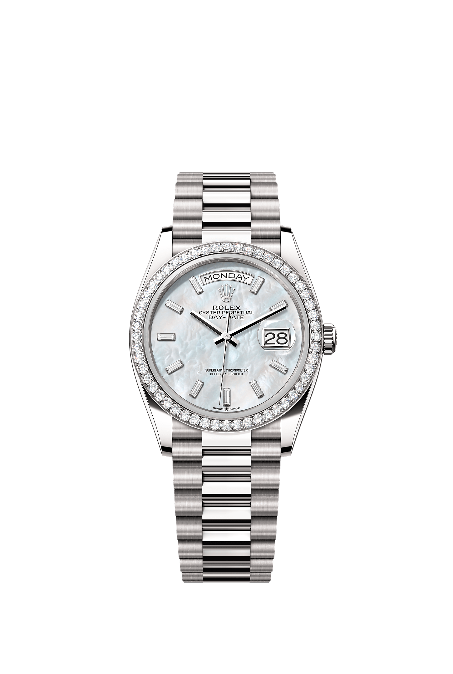 デイデイト 36, オイスター、36 mm、ホワイトゴールド、ダイヤモンド, ダイアル : ダイヤモンド入りホワイトマザーオブパール, Rolex