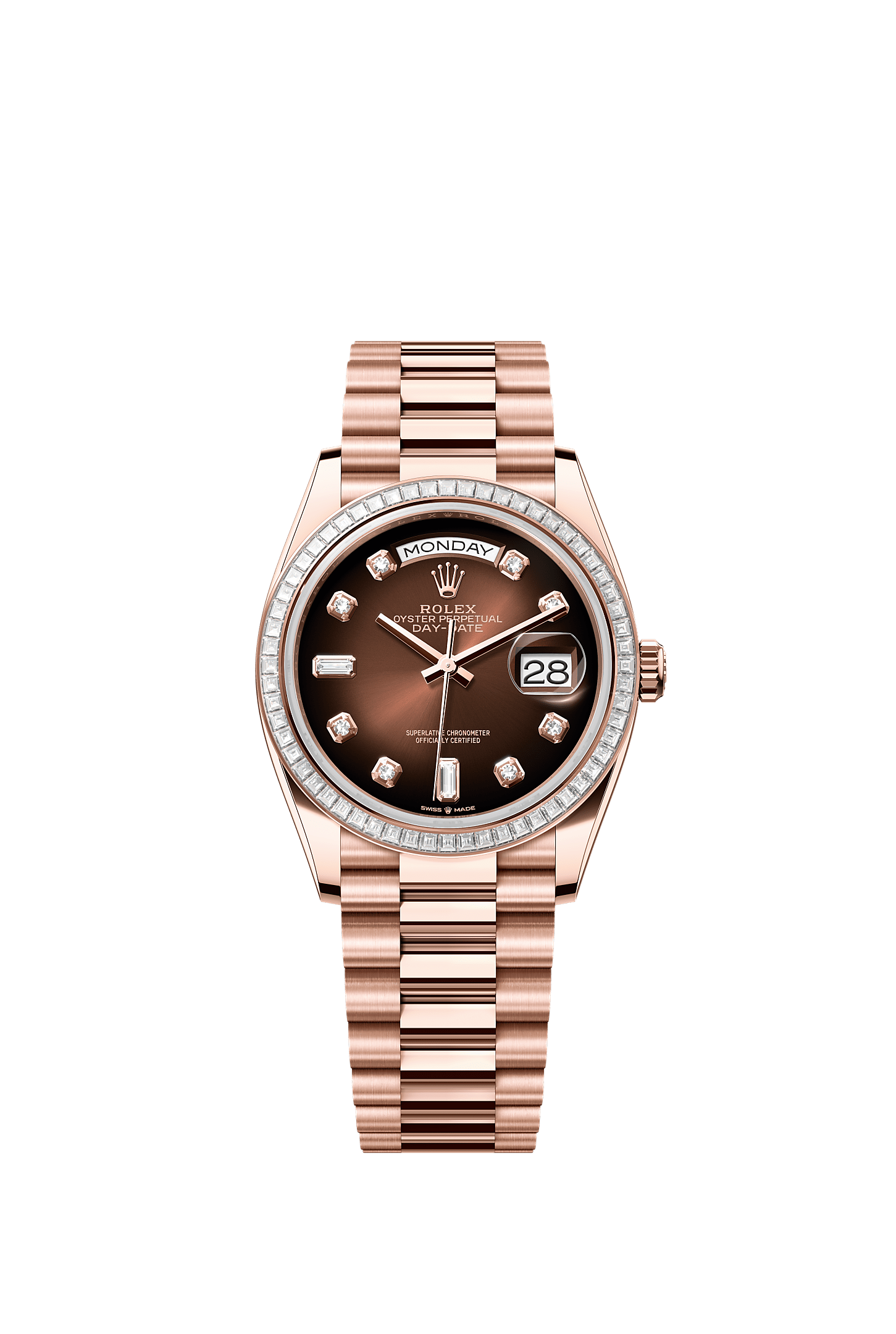 Day-Date 36, Oyster, 36 mm, ouro Everose e diamantes, Mostrador : Marrom <i>ombré</i> cravejado de diamantes, Rolex